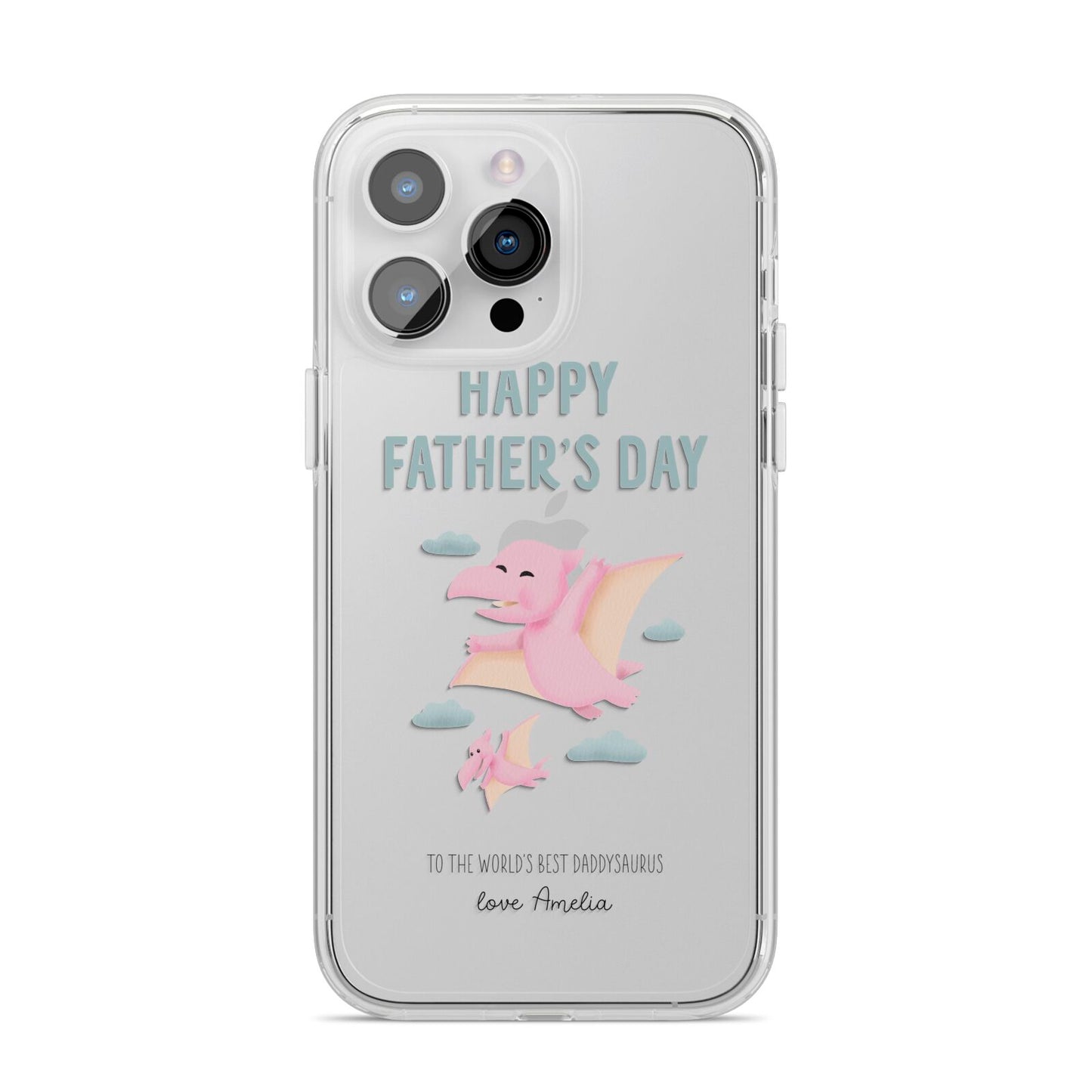 Pink Dino Happy Fathers Day Custom iPhone 14 Pro Max Clear Tough Case Silver
