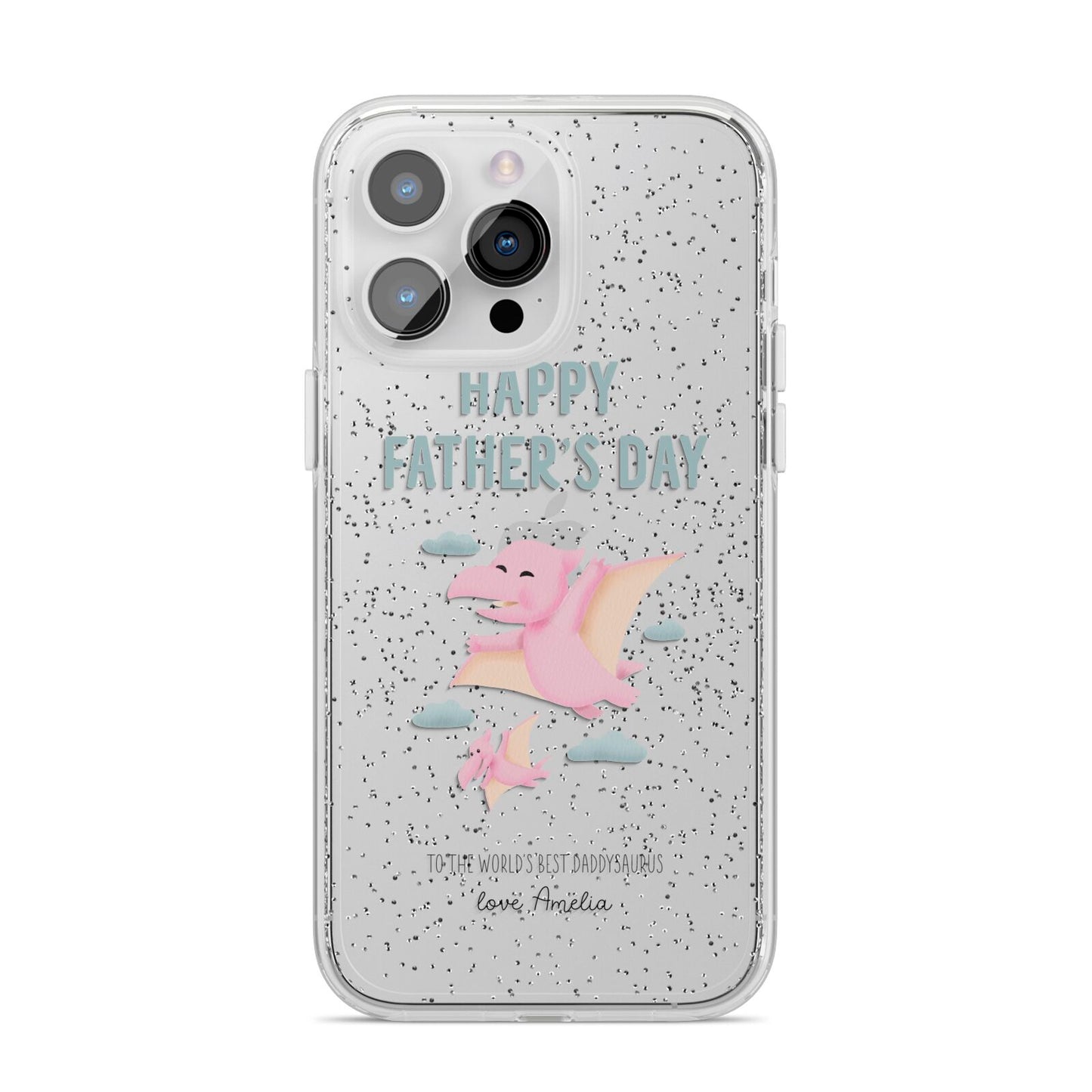 Pink Dino Happy Fathers Day Custom iPhone 14 Pro Max Glitter Tough Case Silver