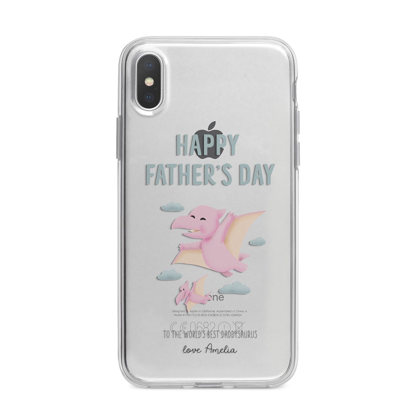 Pink Dino Happy Fathers Day Custom iPhone X Bumper Case on Silver iPhone Alternative Image 1