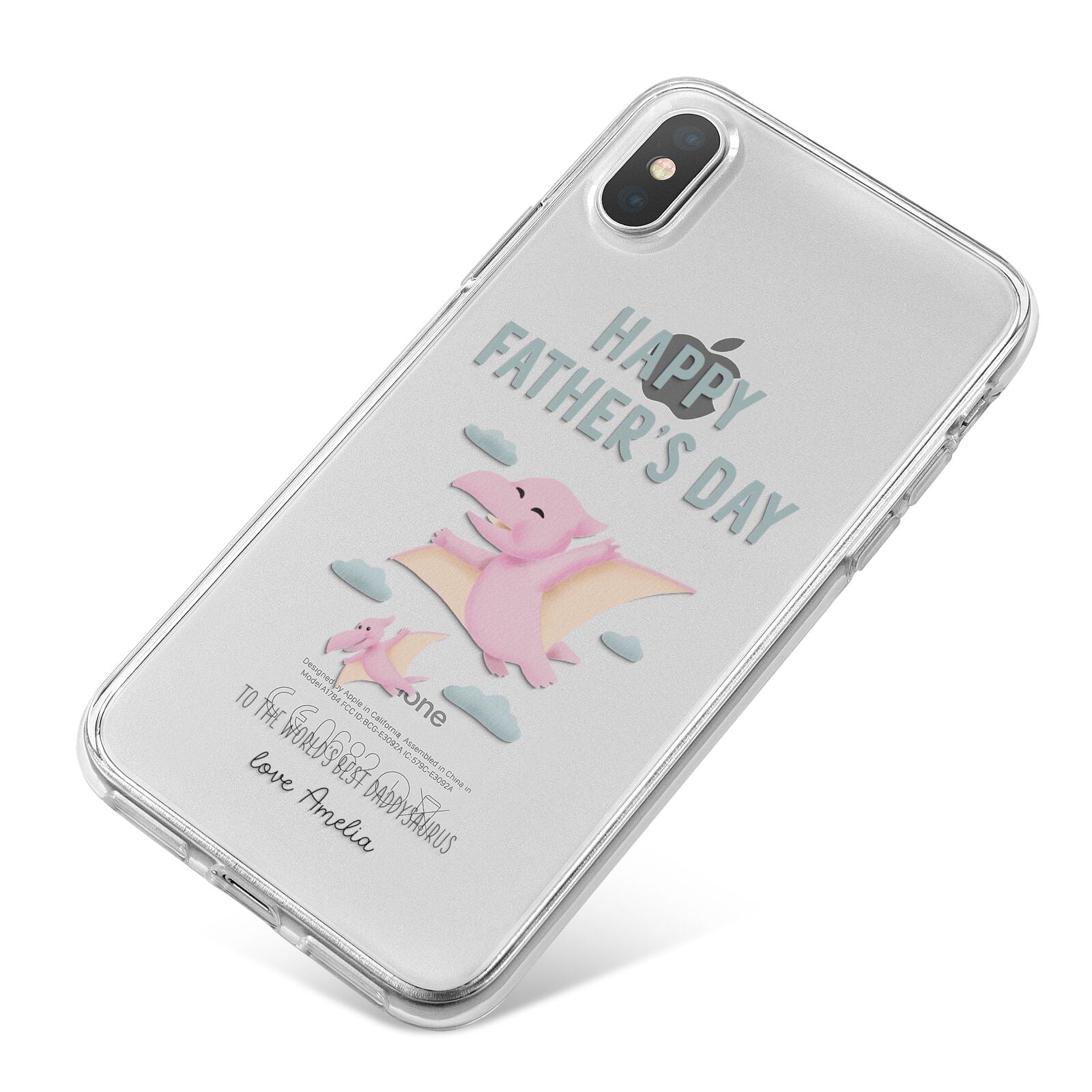 Pink Dino Happy Fathers Day Custom iPhone X Bumper Case on Silver iPhone