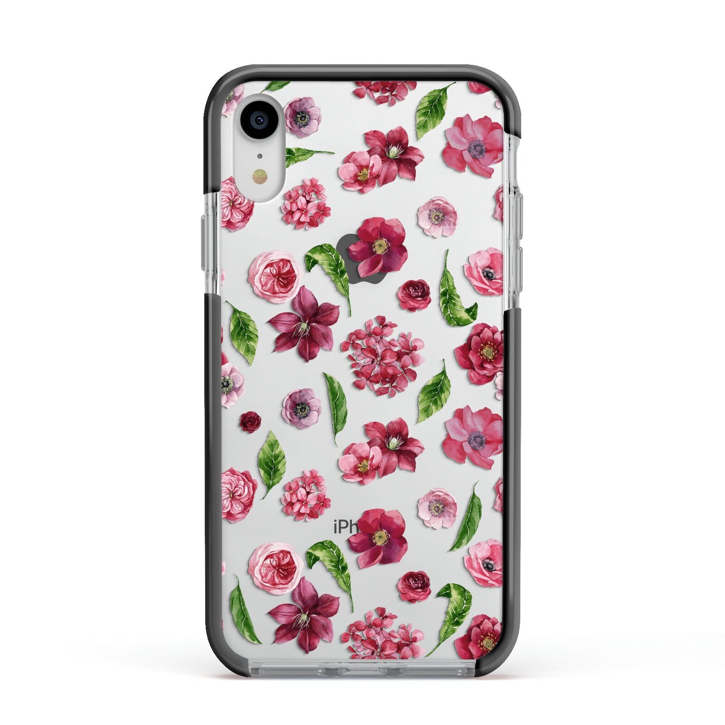 Pink Floral Apple iPhone XR Impact Case Black Edge on Silver Phone