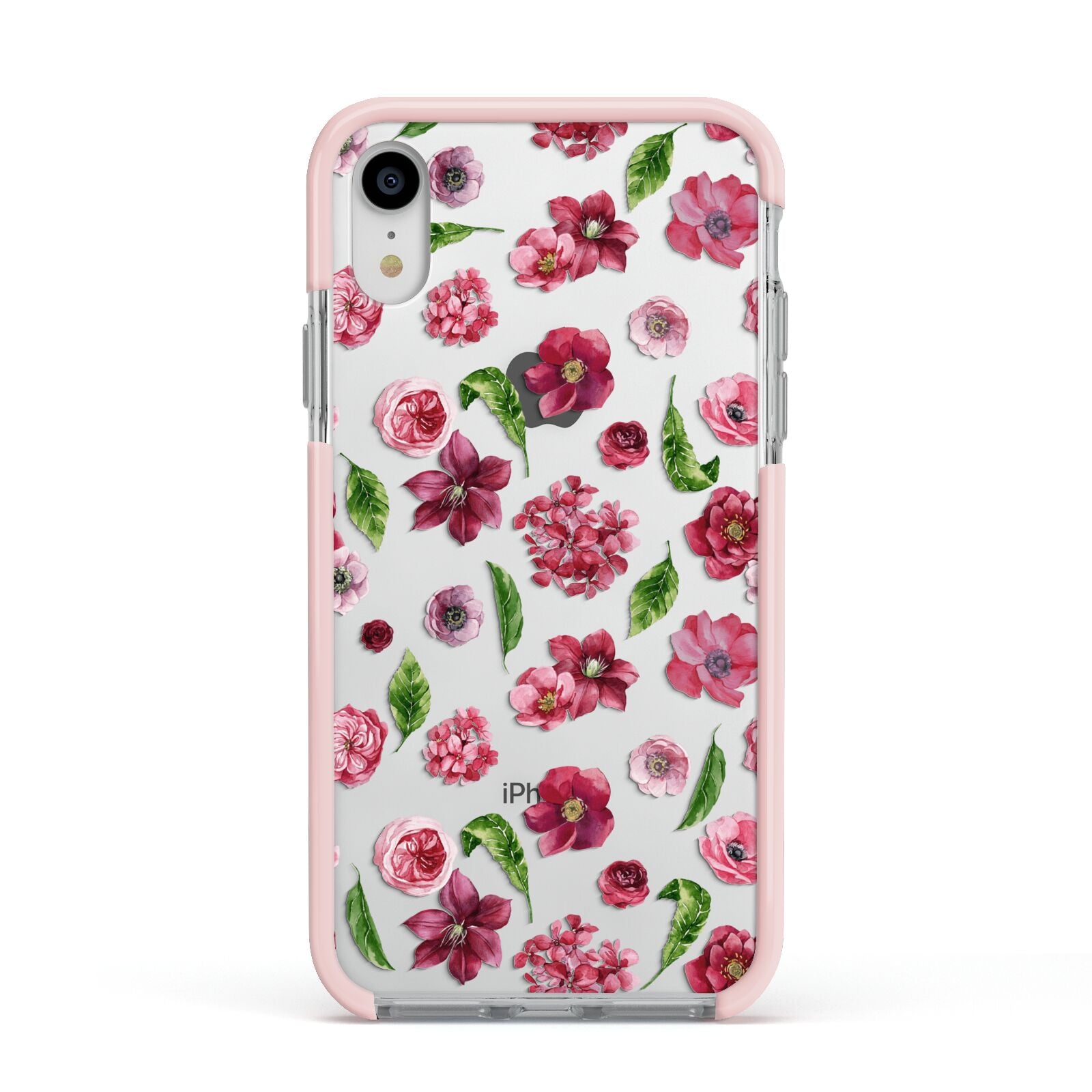 Pink Floral Apple iPhone XR Impact Case Pink Edge on Silver Phone