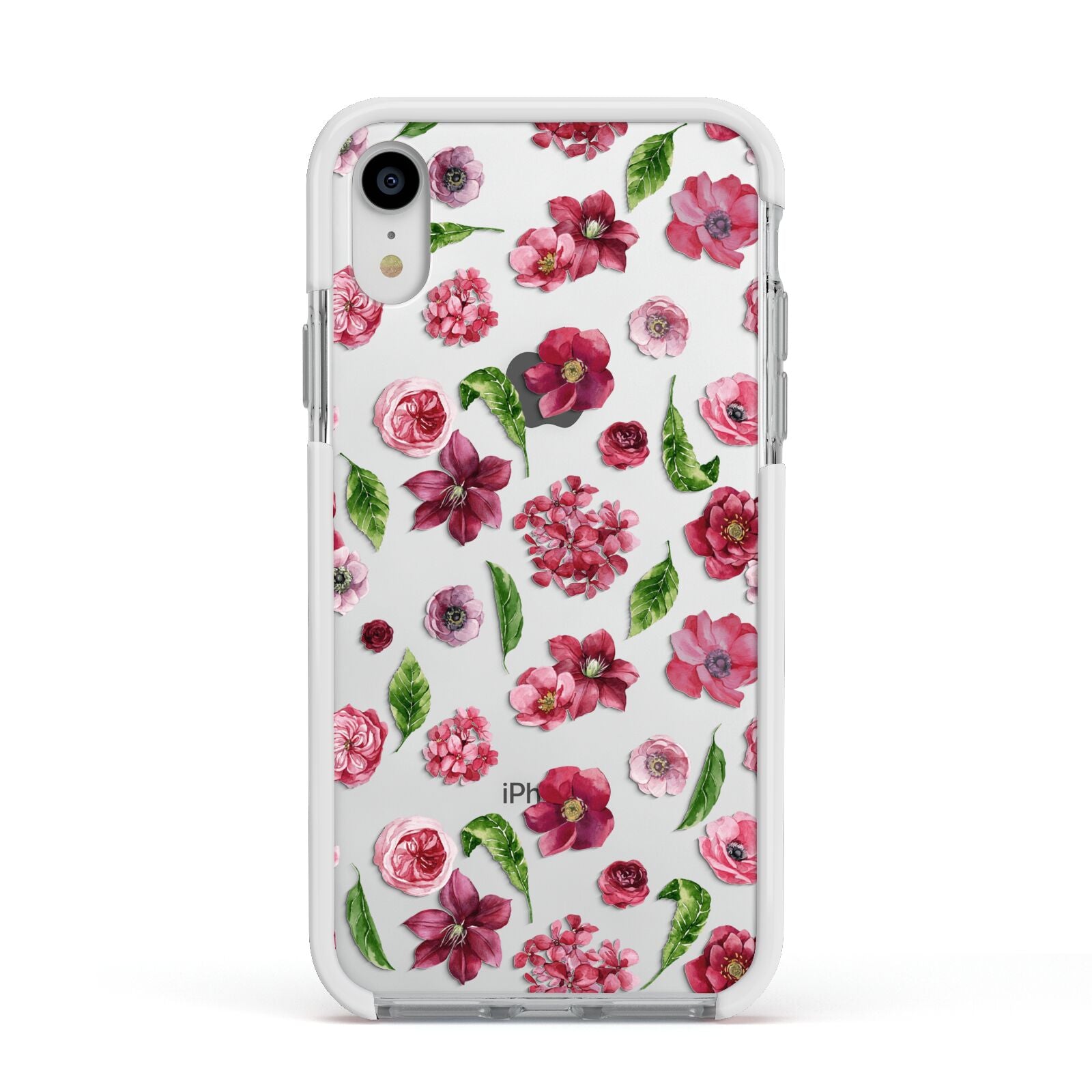 Pink Floral Apple iPhone XR Impact Case White Edge on Silver Phone