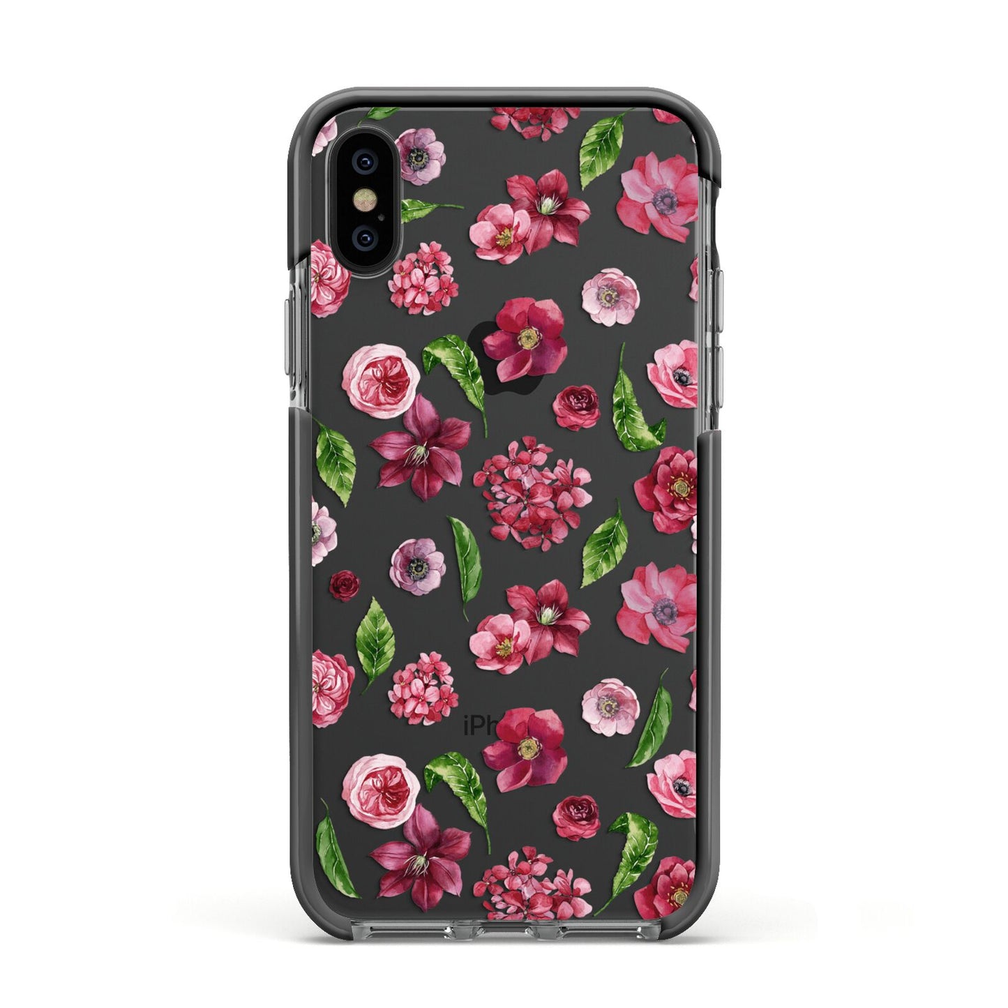Pink Floral Apple iPhone Xs Impact Case Black Edge on Black Phone