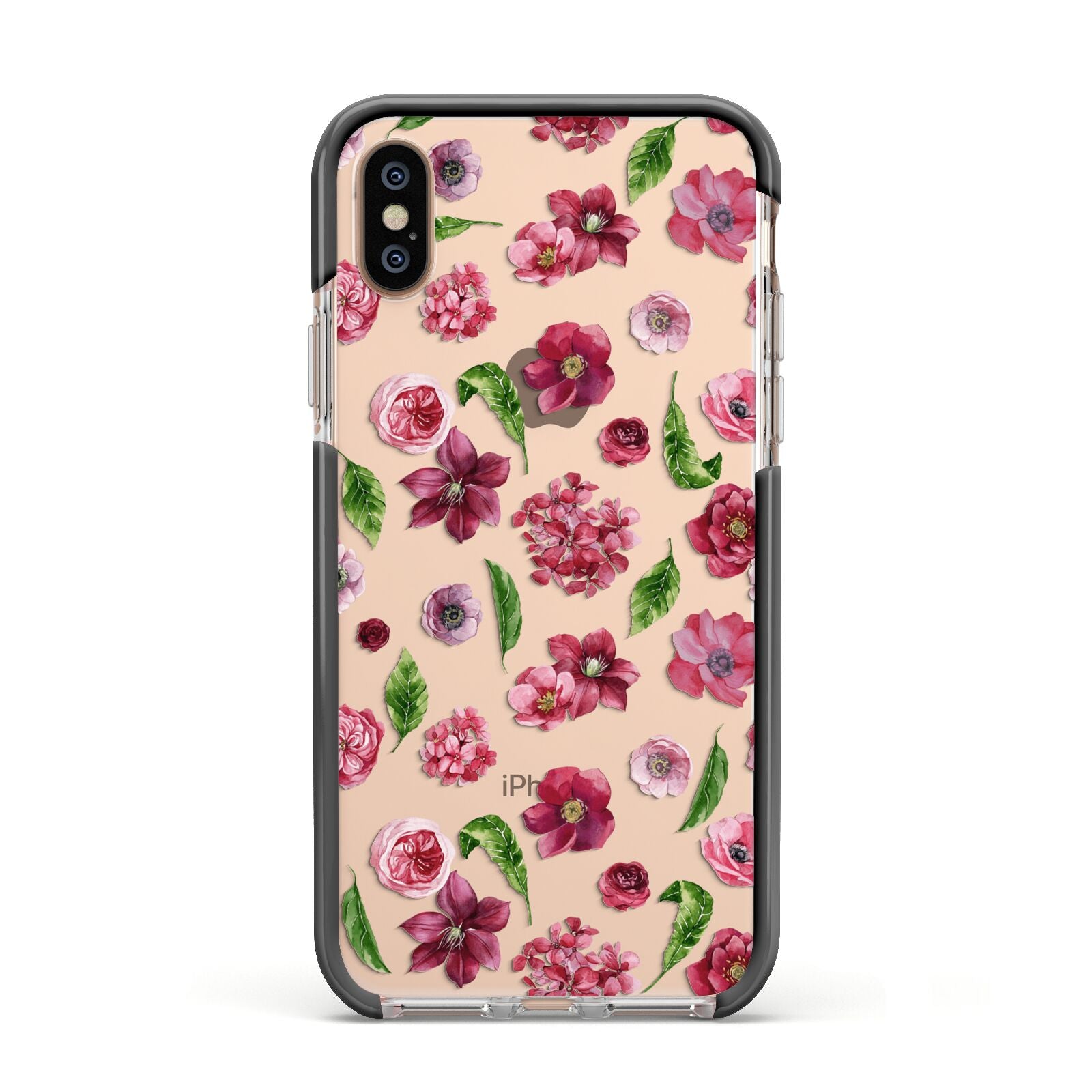 Pink Floral Apple iPhone Xs Impact Case Black Edge on Gold Phone