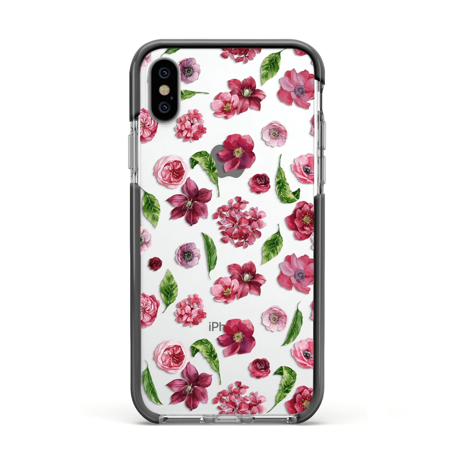 Pink Floral Apple iPhone Xs Impact Case Black Edge on Silver Phone