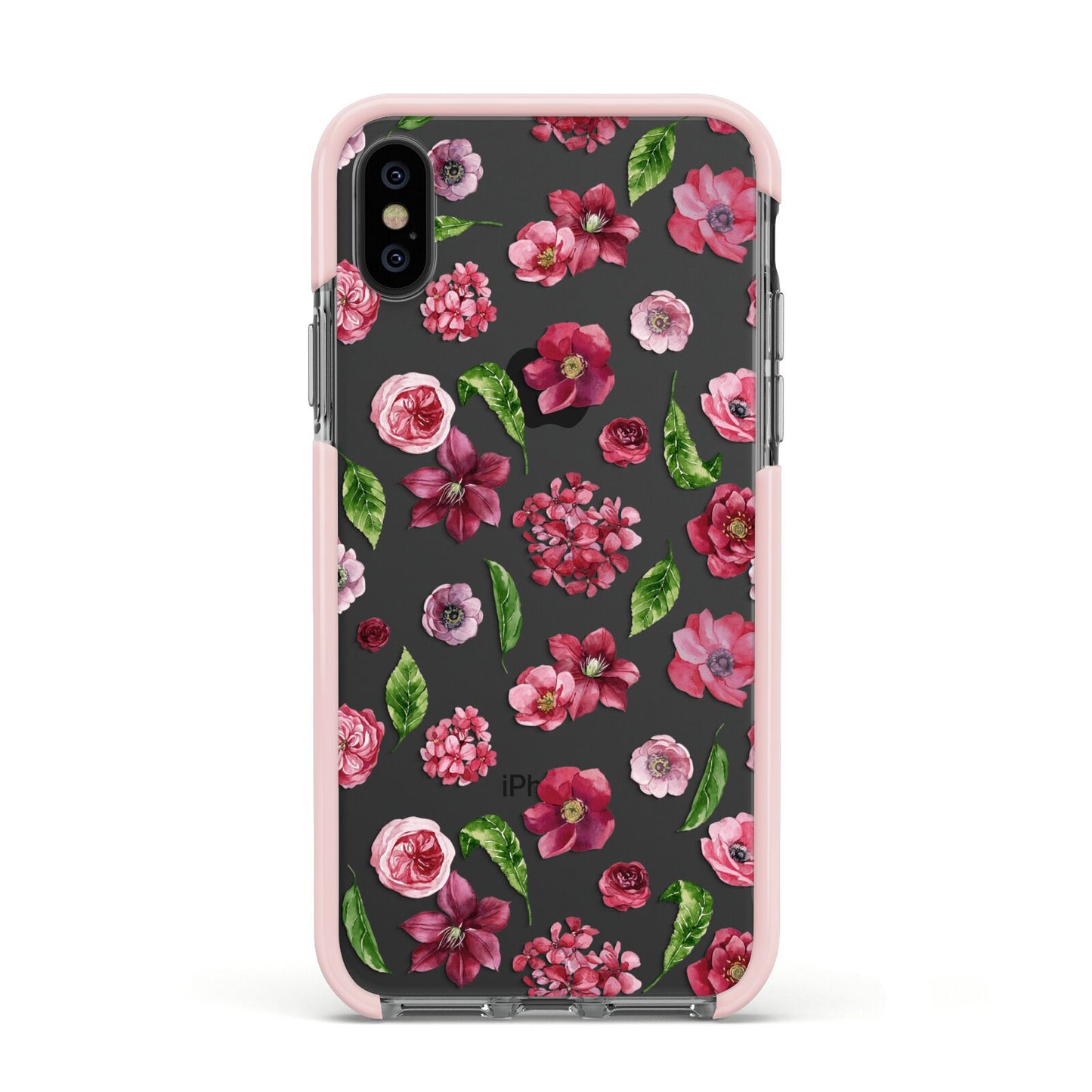 Pink Floral Apple iPhone Xs Impact Case Pink Edge on Black Phone