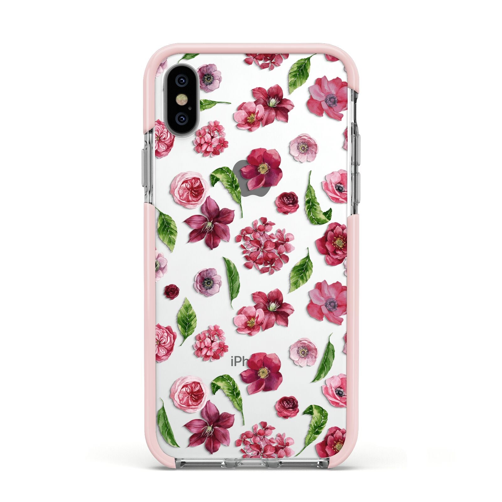 Pink Floral Apple iPhone Xs Impact Case Pink Edge on Silver Phone