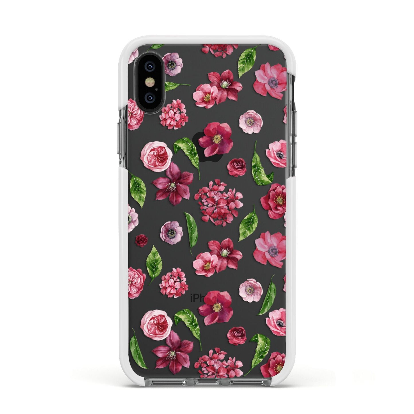 Pink Floral Apple iPhone Xs Impact Case White Edge on Black Phone