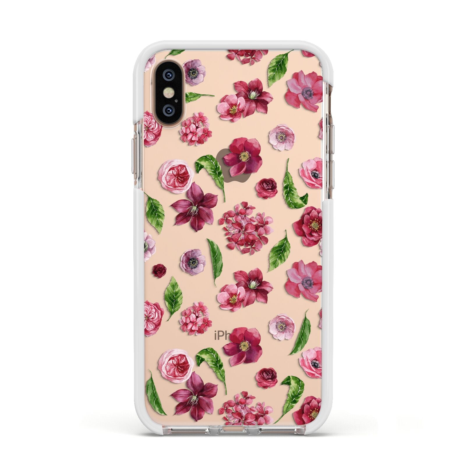Pink Floral Apple iPhone Xs Impact Case White Edge on Gold Phone