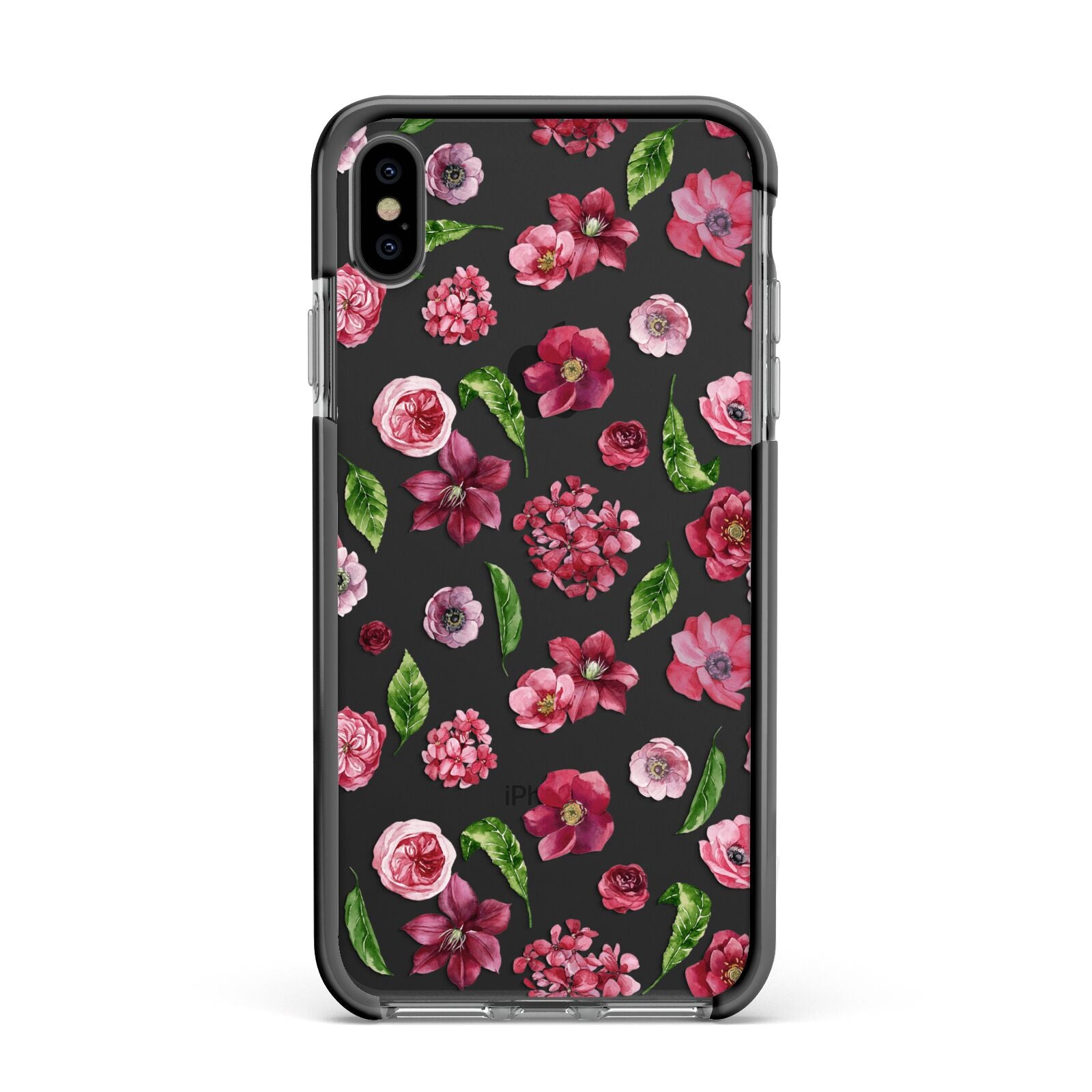 Pink Floral Apple iPhone Xs Max Impact Case Black Edge on Black Phone