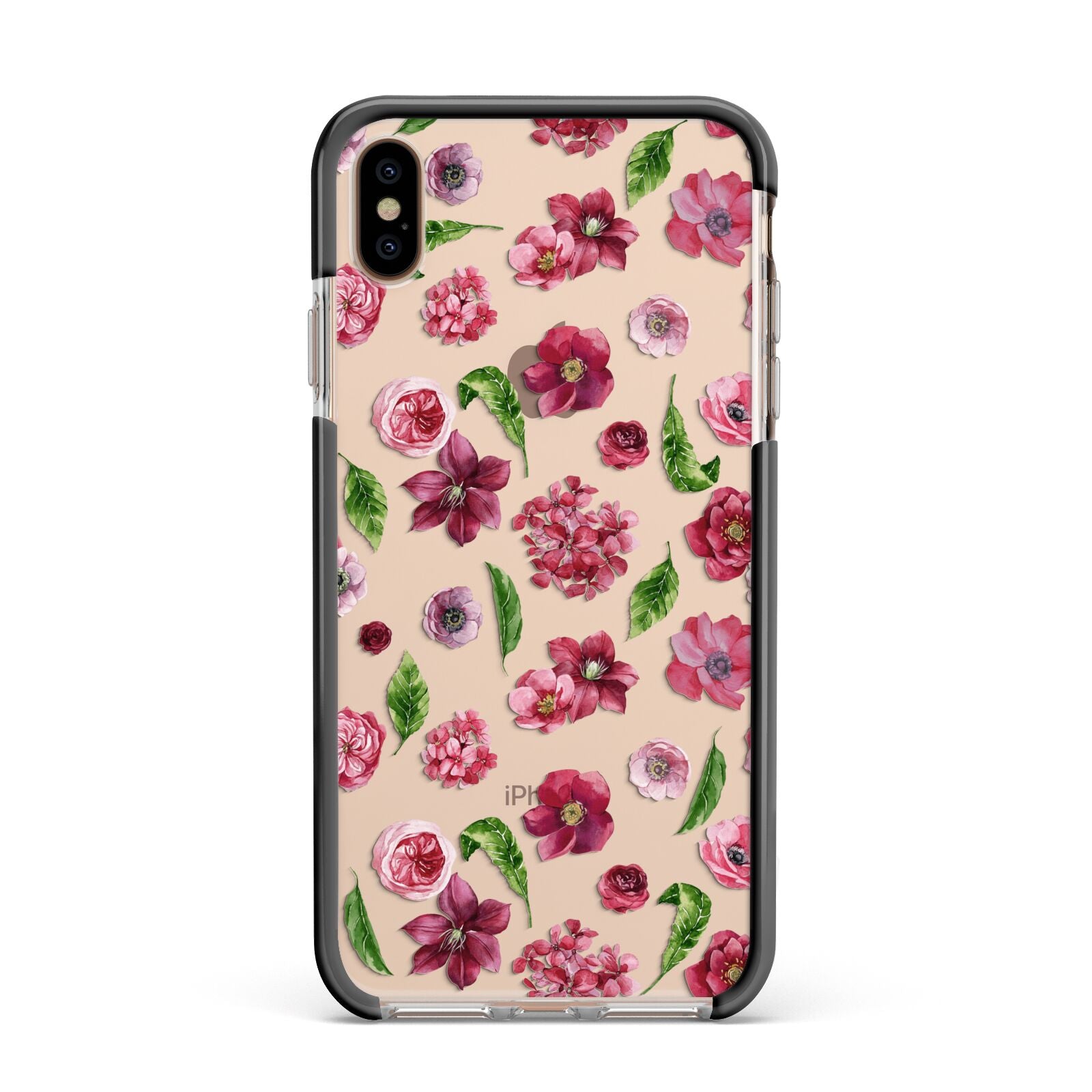 Pink Floral Apple iPhone Xs Max Impact Case Black Edge on Gold Phone