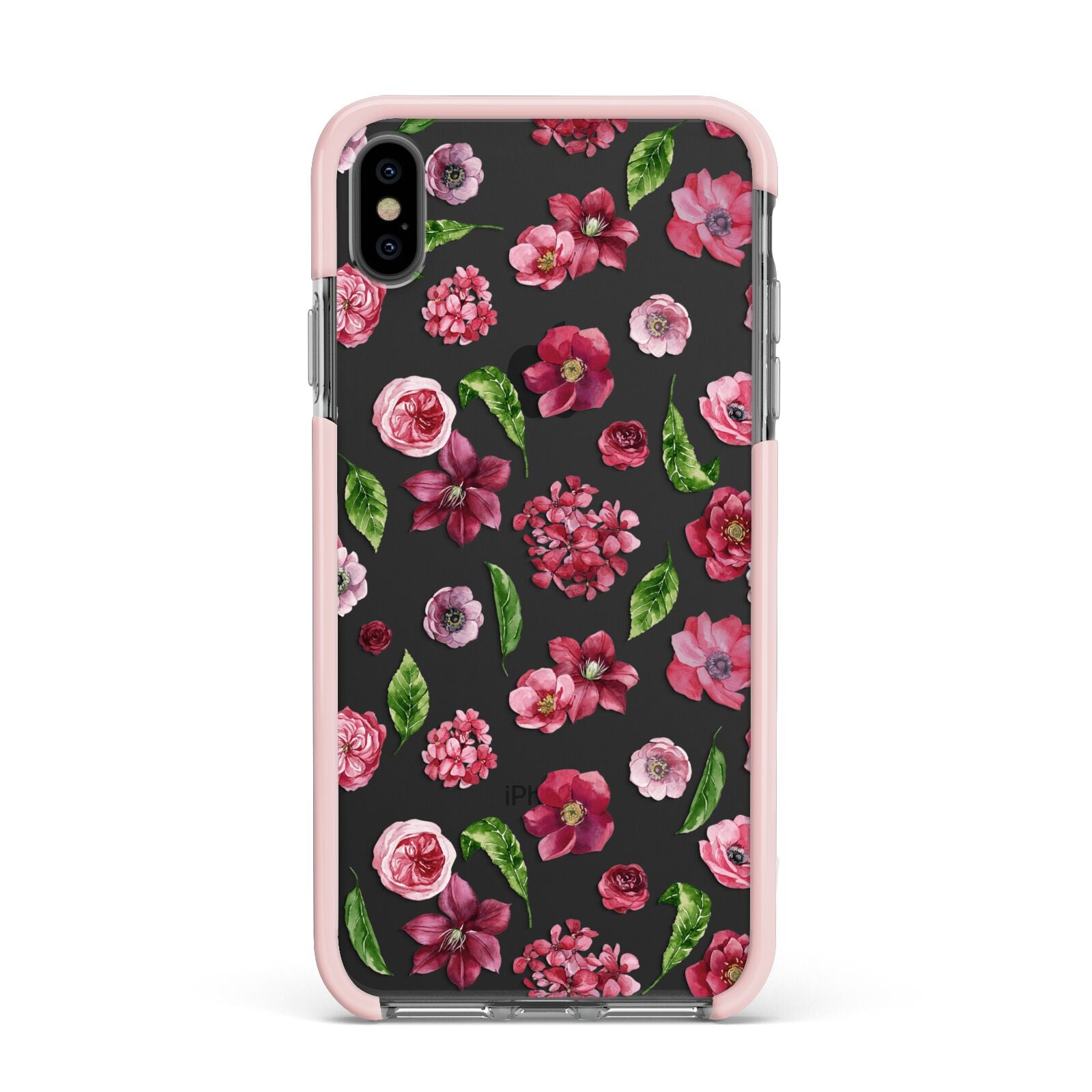 Pink Floral Apple iPhone Xs Max Impact Case Pink Edge on Black Phone