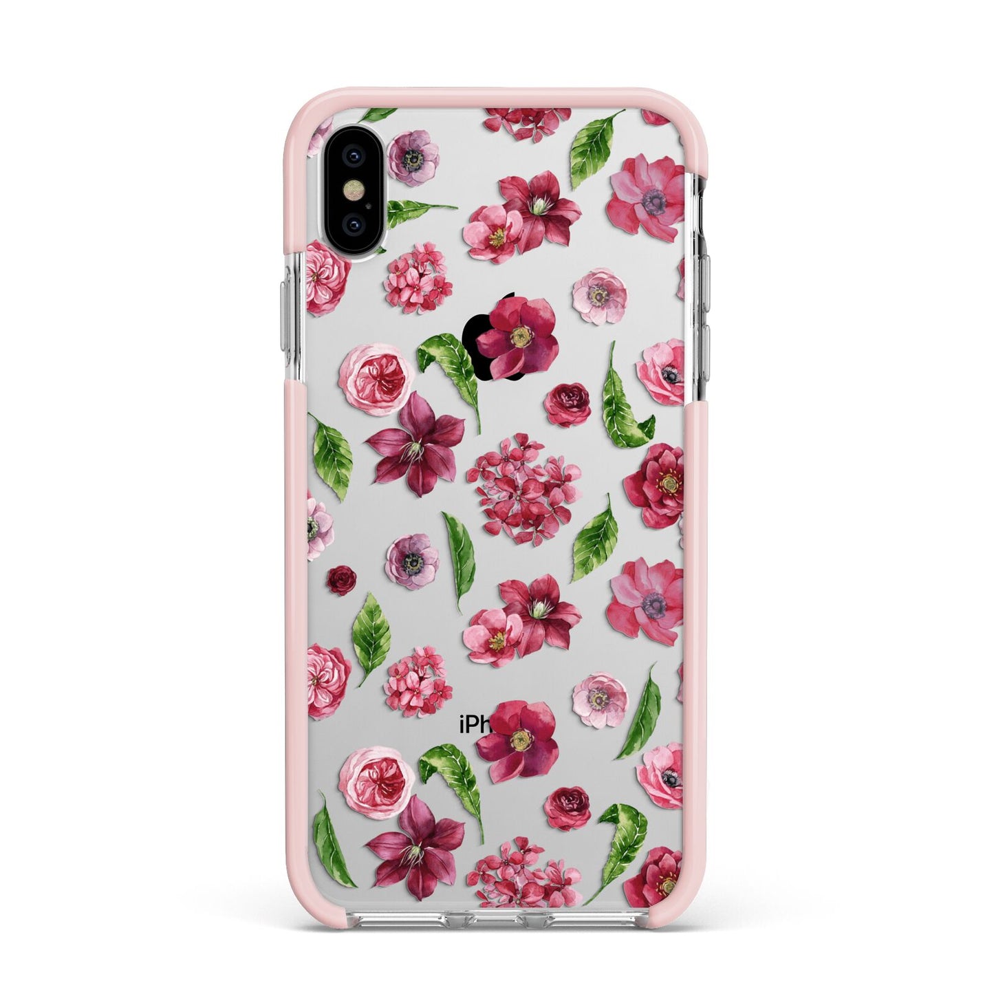 Pink Floral Apple iPhone Xs Max Impact Case Pink Edge on Silver Phone