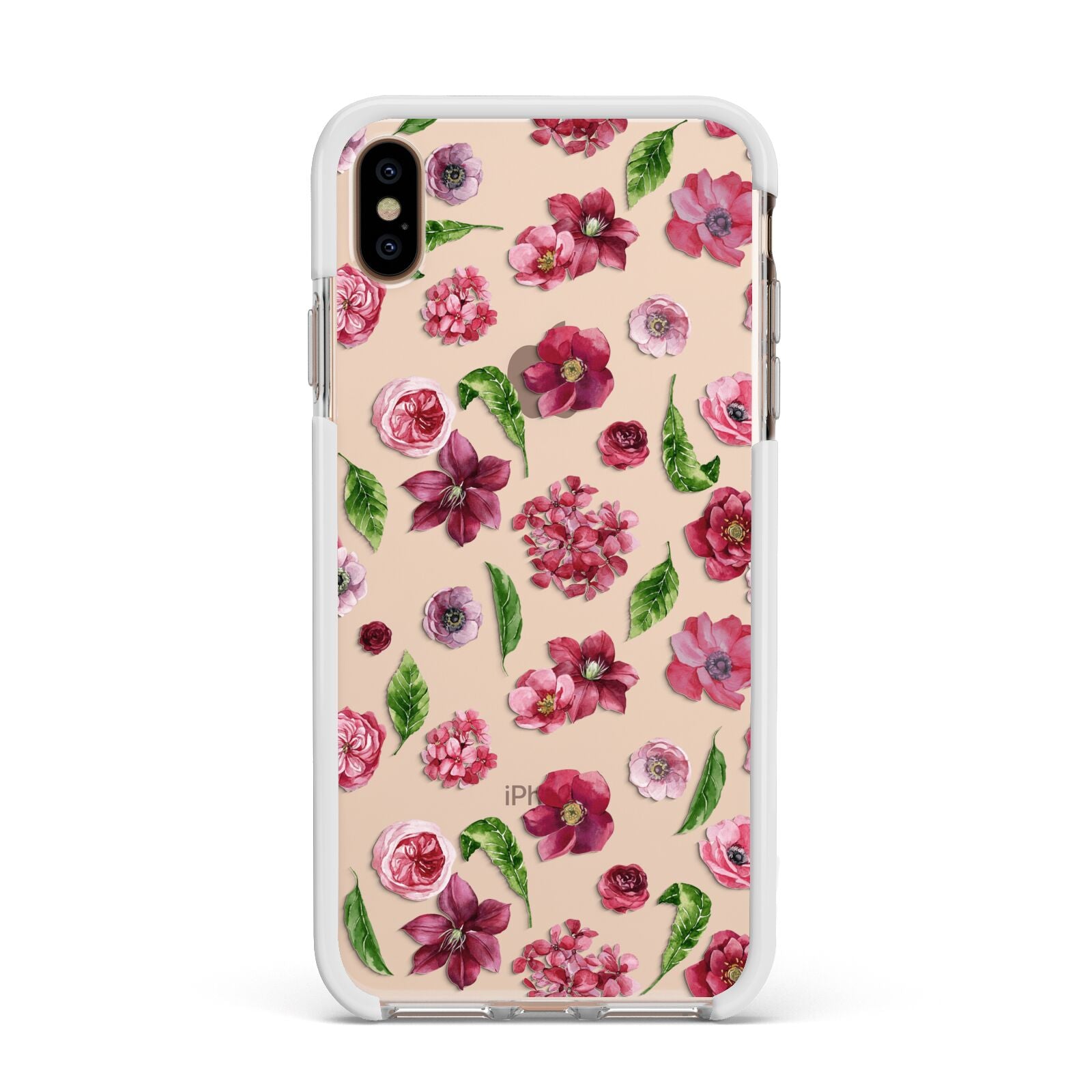 Pink Floral Apple iPhone Xs Max Impact Case White Edge on Gold Phone