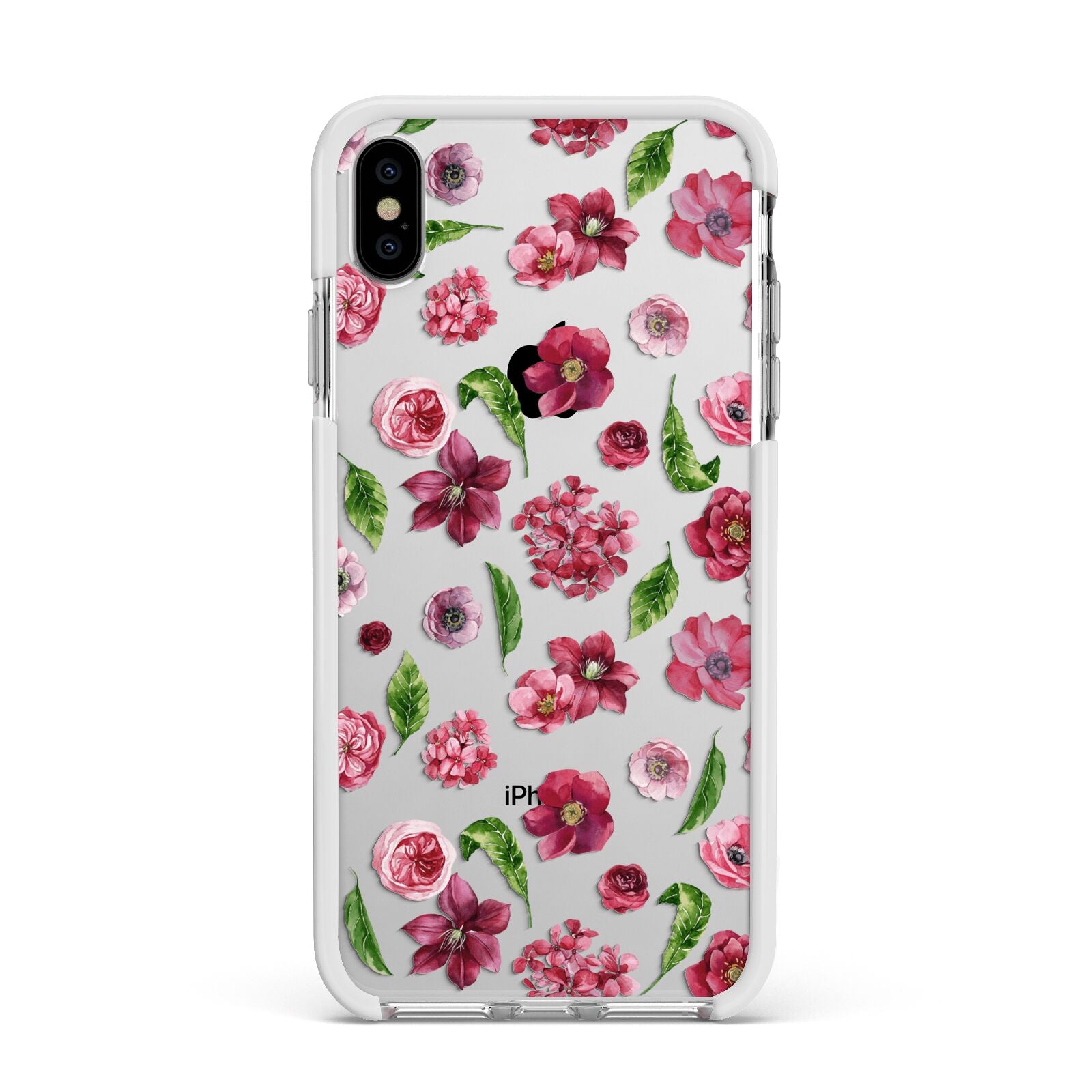 Pink Floral Apple iPhone Xs Max Impact Case White Edge on Silver Phone