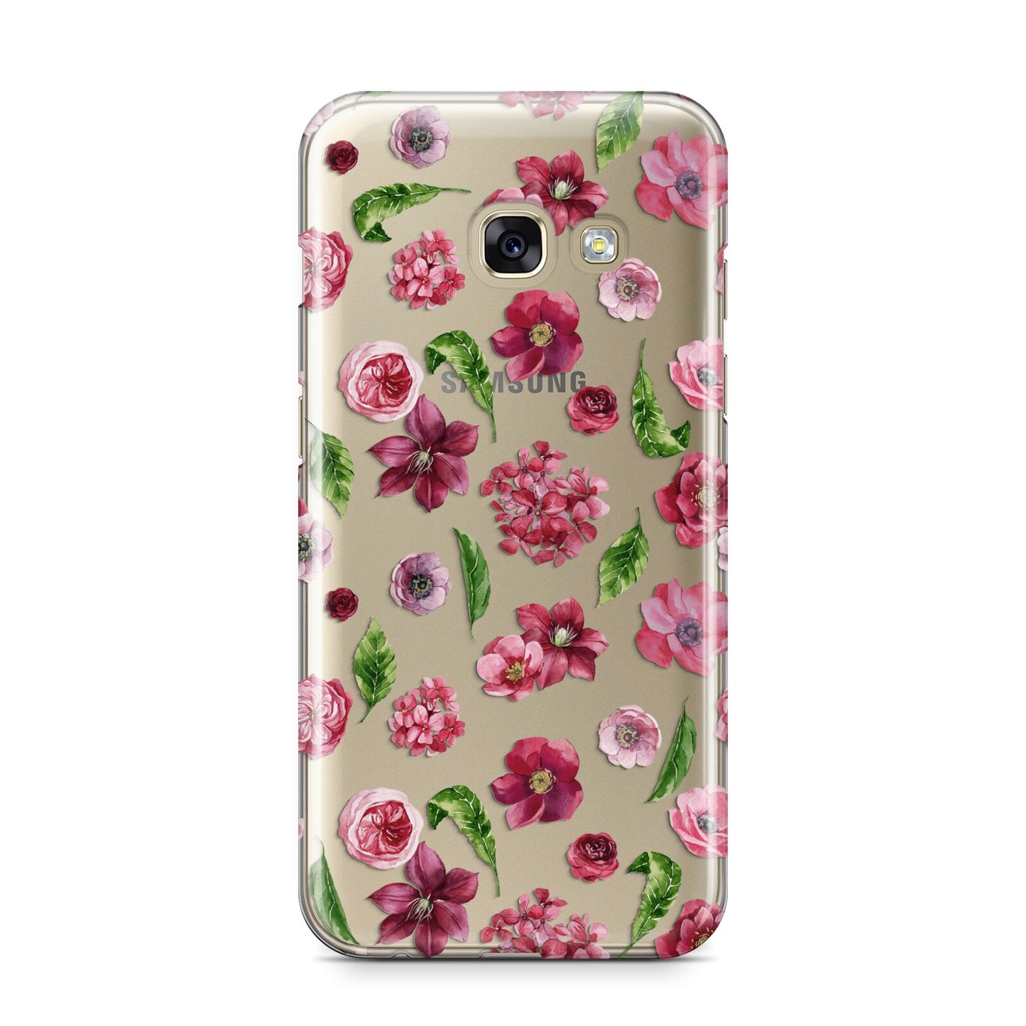 Pink Floral Samsung Galaxy A3 2017 Case on gold phone