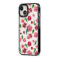 Pink Floral iPhone 13 Black Impact Case Side Angle on Silver phone