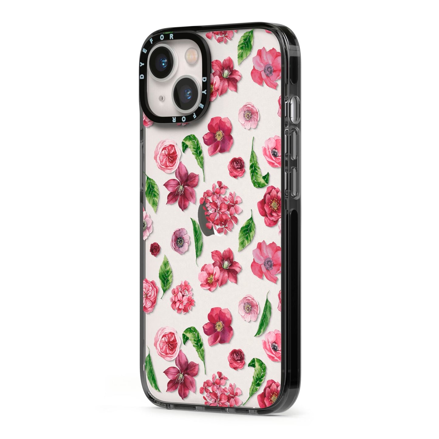 Pink Floral iPhone 13 Black Impact Case Side Angle on Silver phone