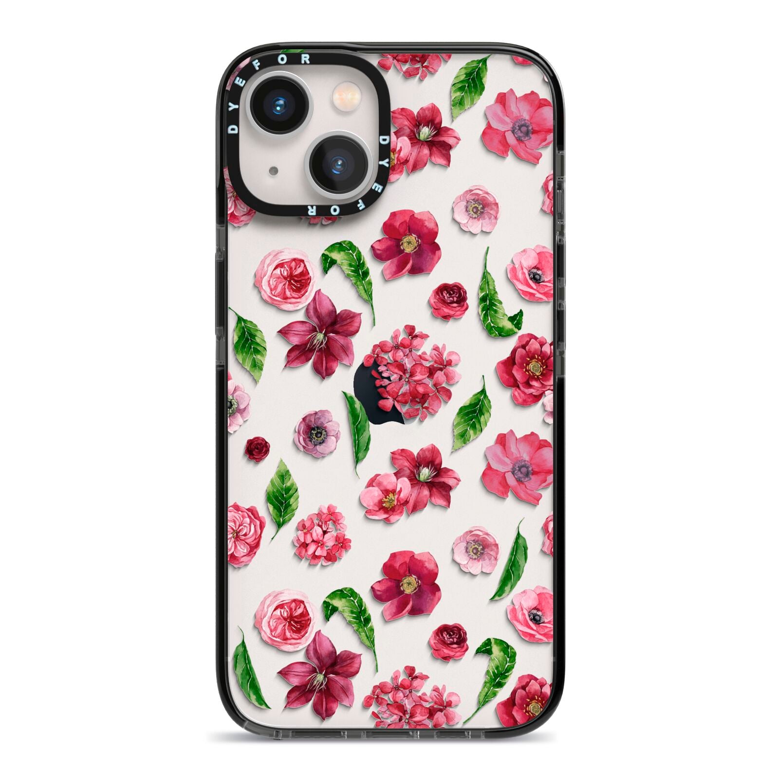 Pink Floral iPhone 13 Black Impact Case on Silver phone