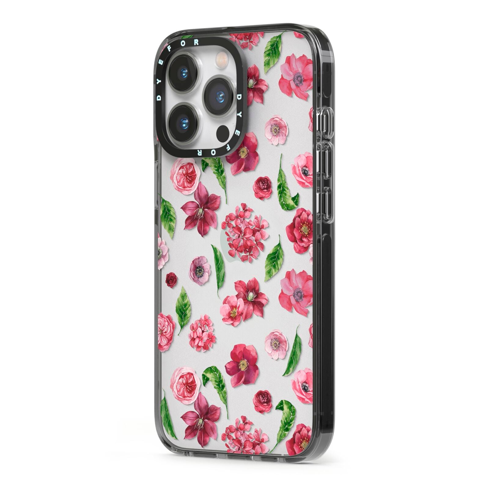 Pink Floral iPhone 13 Pro Black Impact Case Side Angle on Silver phone