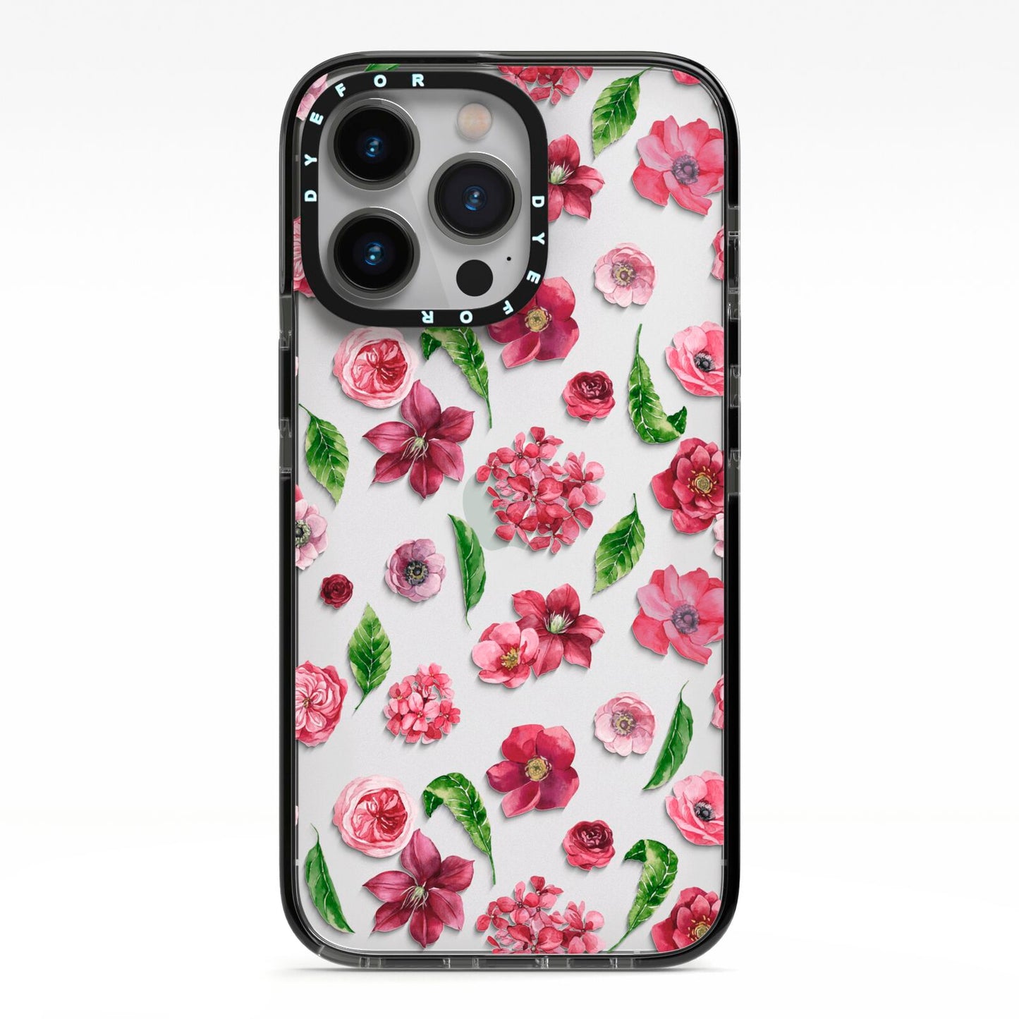 Pink Floral iPhone 13 Pro Black Impact Case on Silver phone