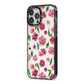 Pink Floral iPhone 13 Pro Max Black Impact Case Side Angle on Silver phone