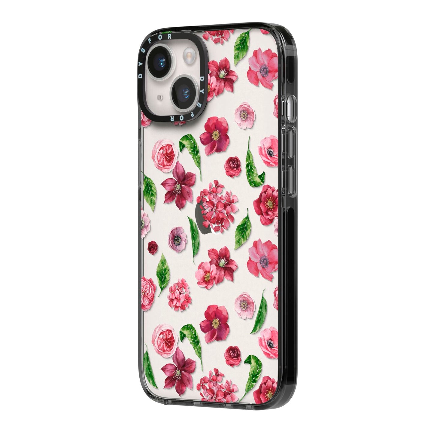 Pink Floral iPhone 14 Black Impact Case Side Angle on Silver phone