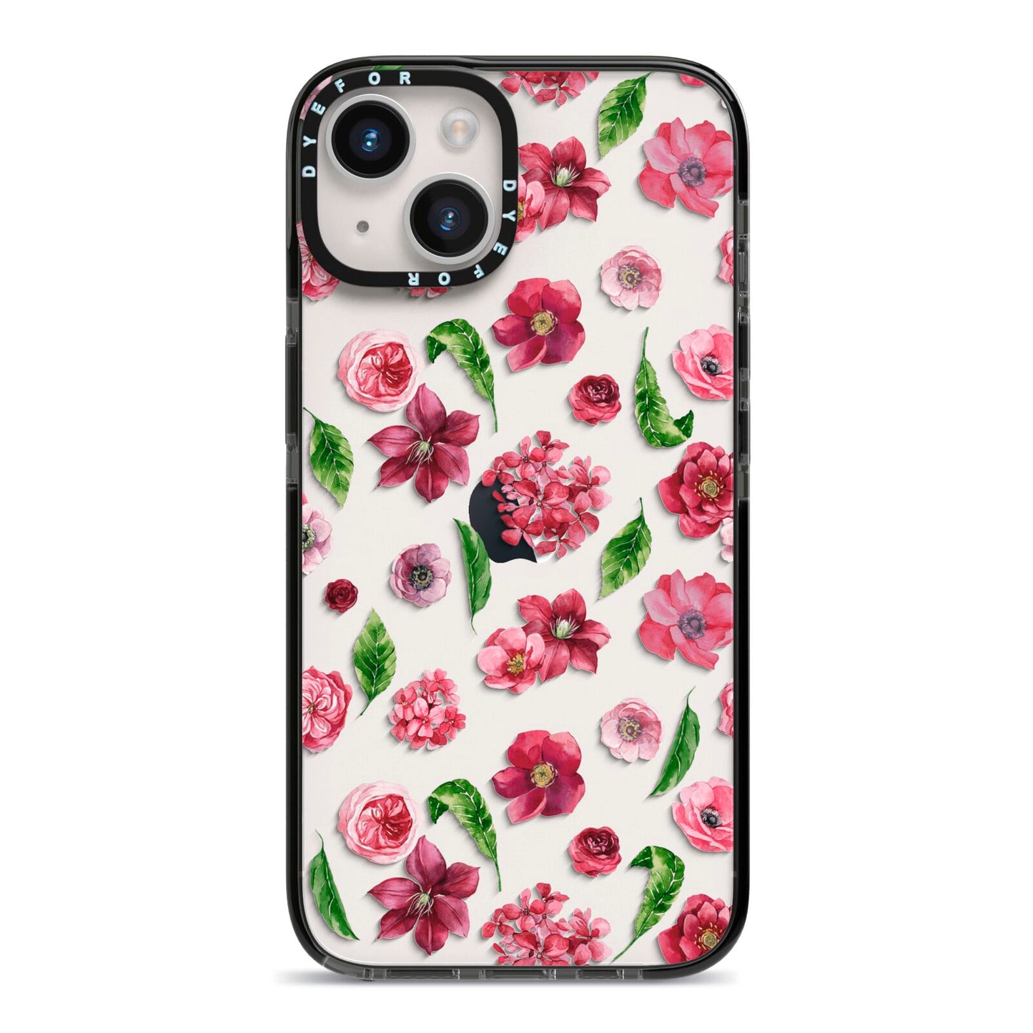 Pink Floral iPhone 14 Black Impact Case on Silver phone