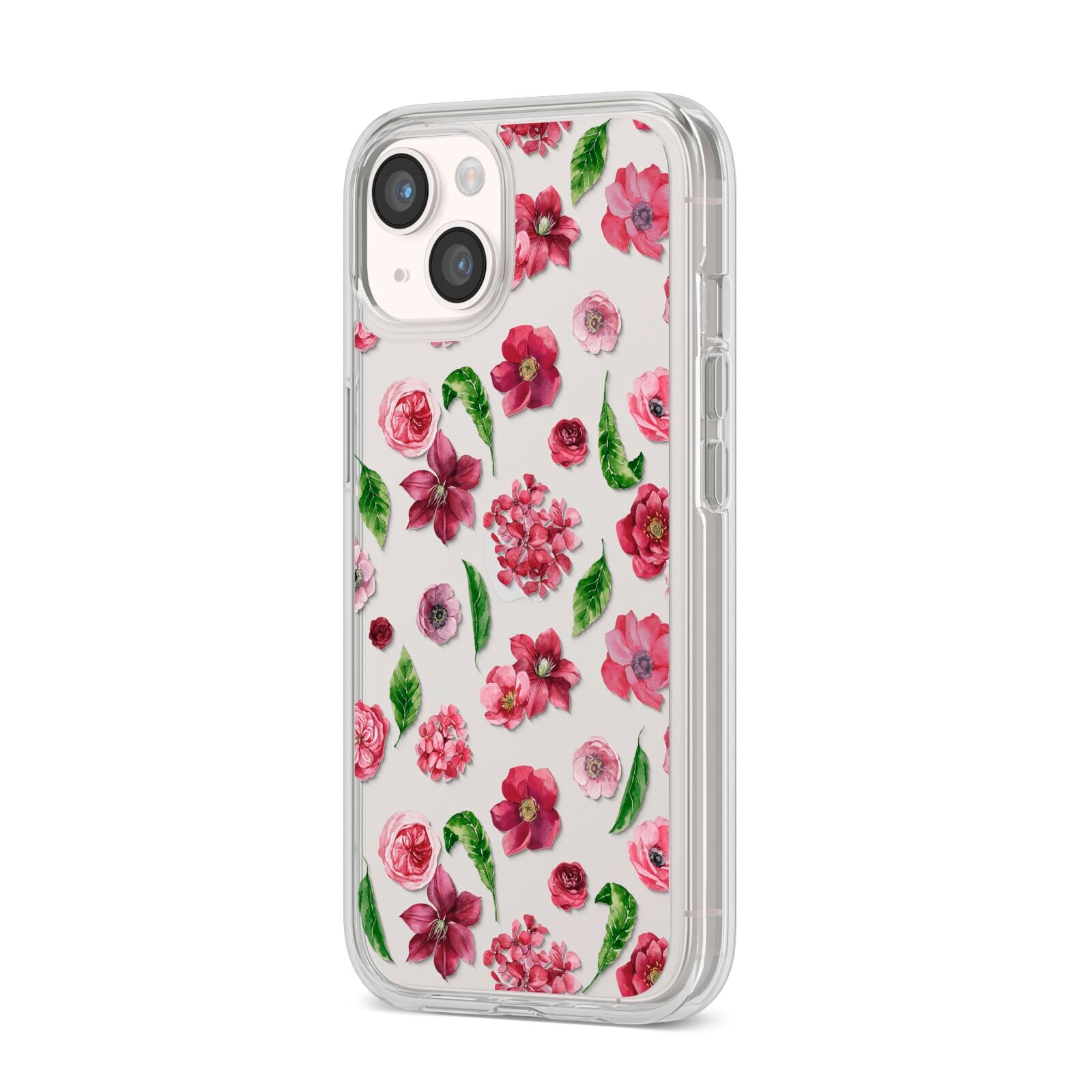 Pink Floral iPhone 14 Clear Tough Case Starlight Angled Image