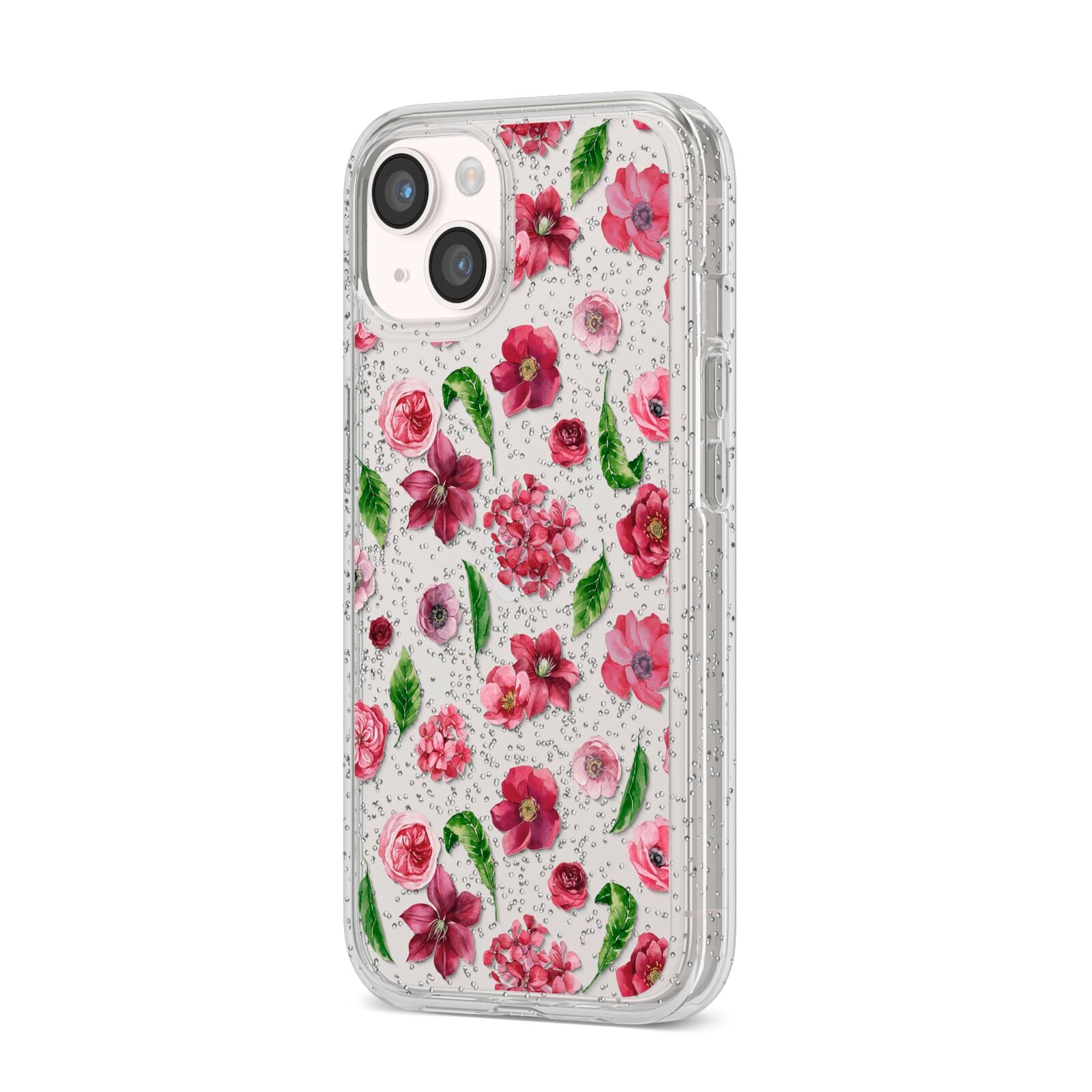 Pink Floral iPhone 14 Glitter Tough Case Starlight Angled Image