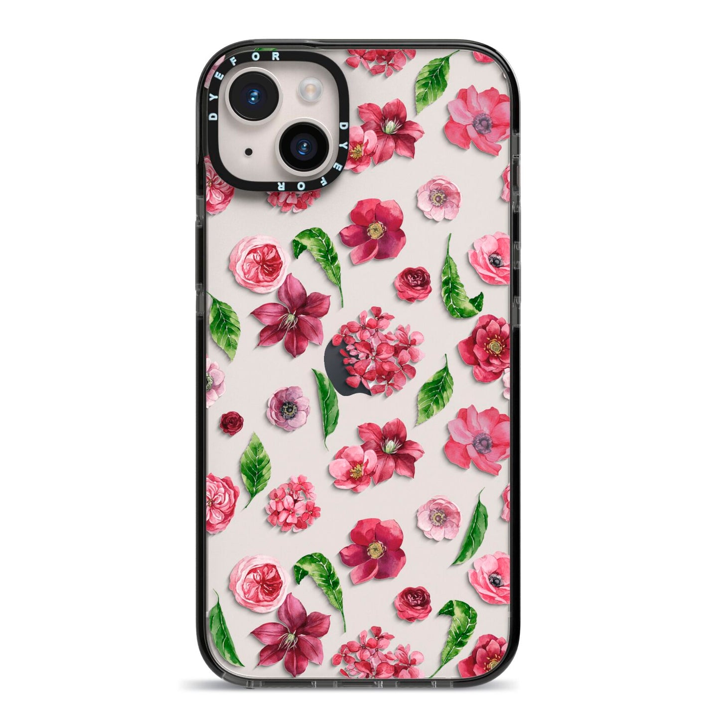 Pink Floral iPhone 14 Plus Black Impact Case on Silver phone