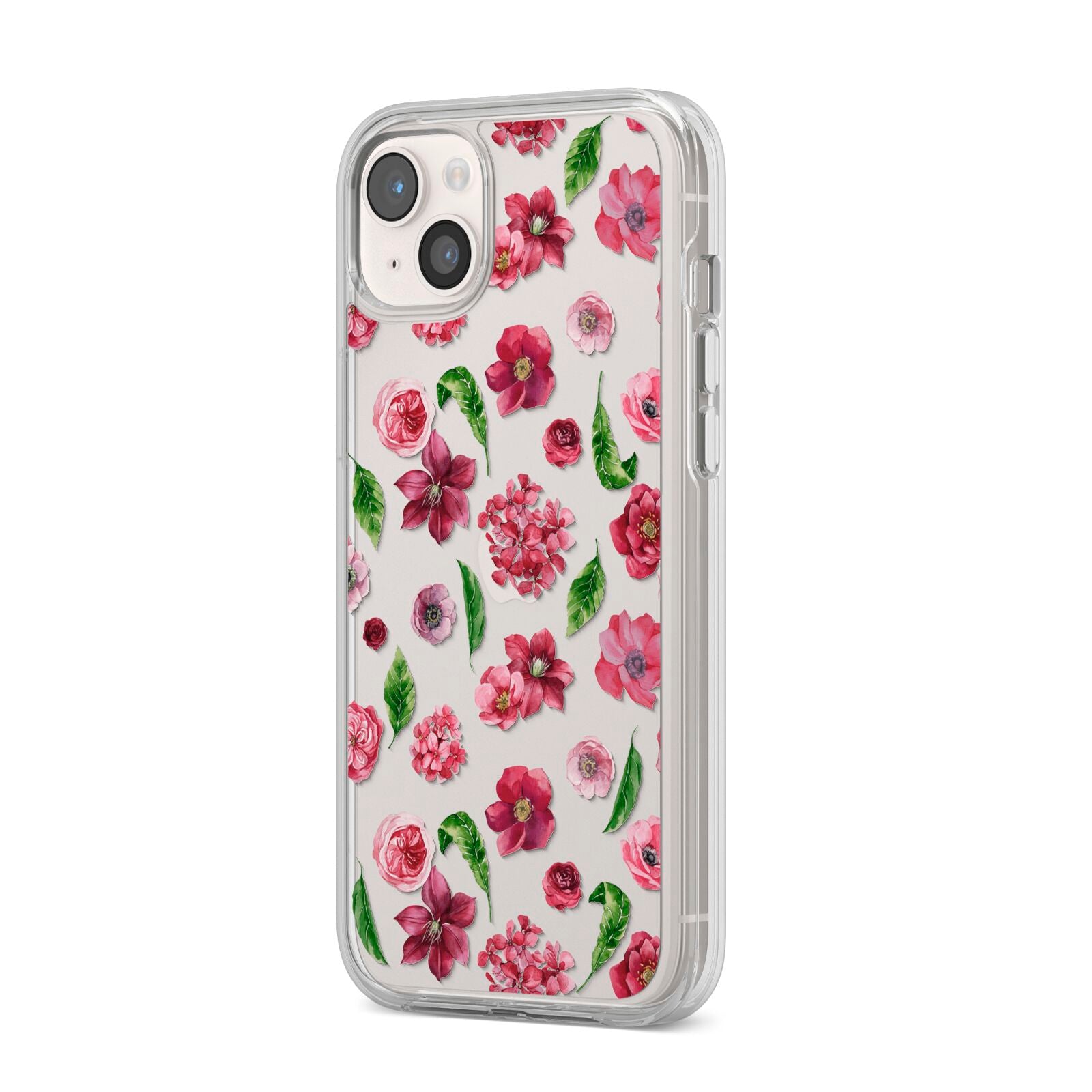 Pink Floral iPhone 14 Plus Clear Tough Case Starlight Angled Image