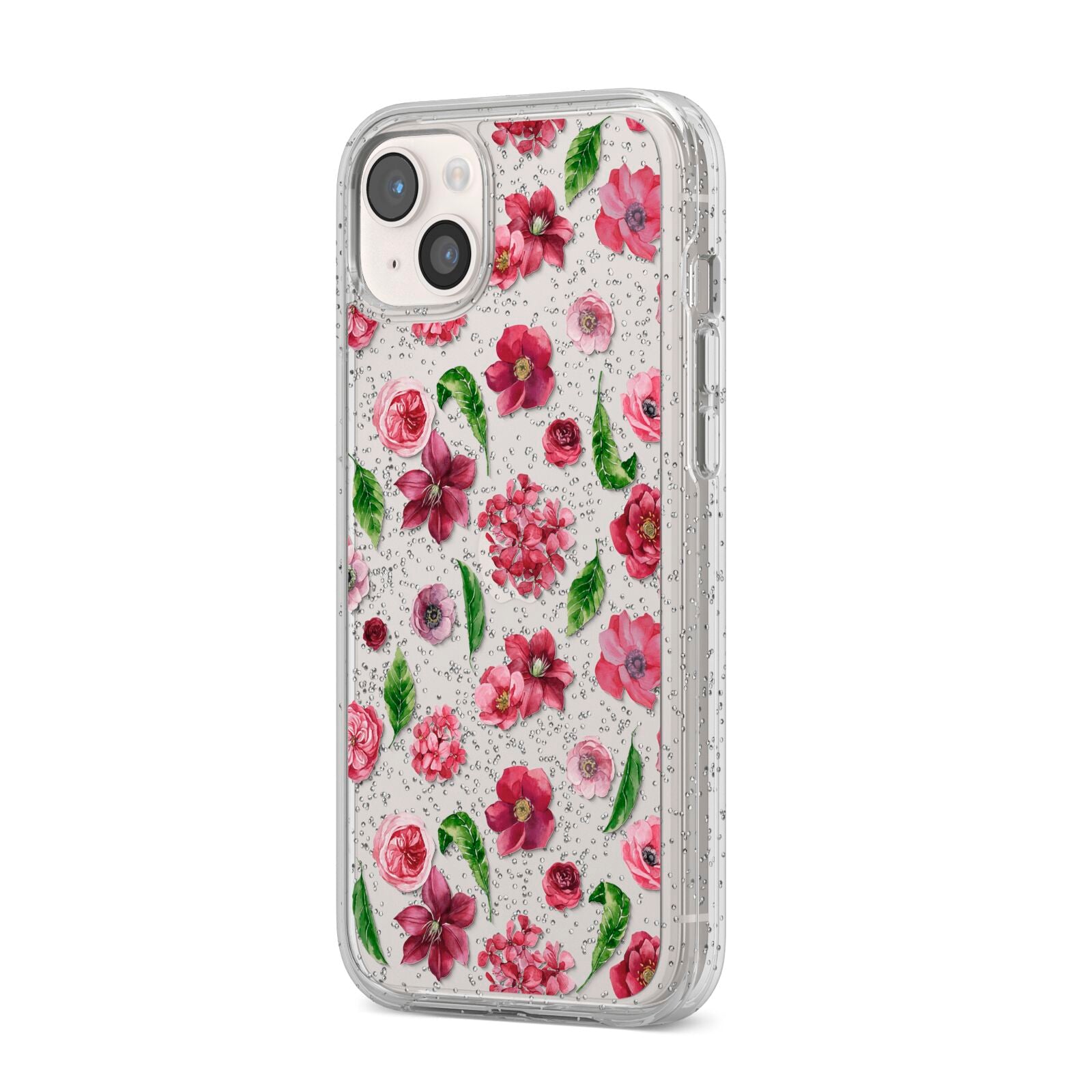 Pink Floral iPhone 14 Plus Glitter Tough Case Starlight Angled Image