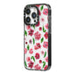 Pink Floral iPhone 14 Pro Black Impact Case Side Angle on Silver phone