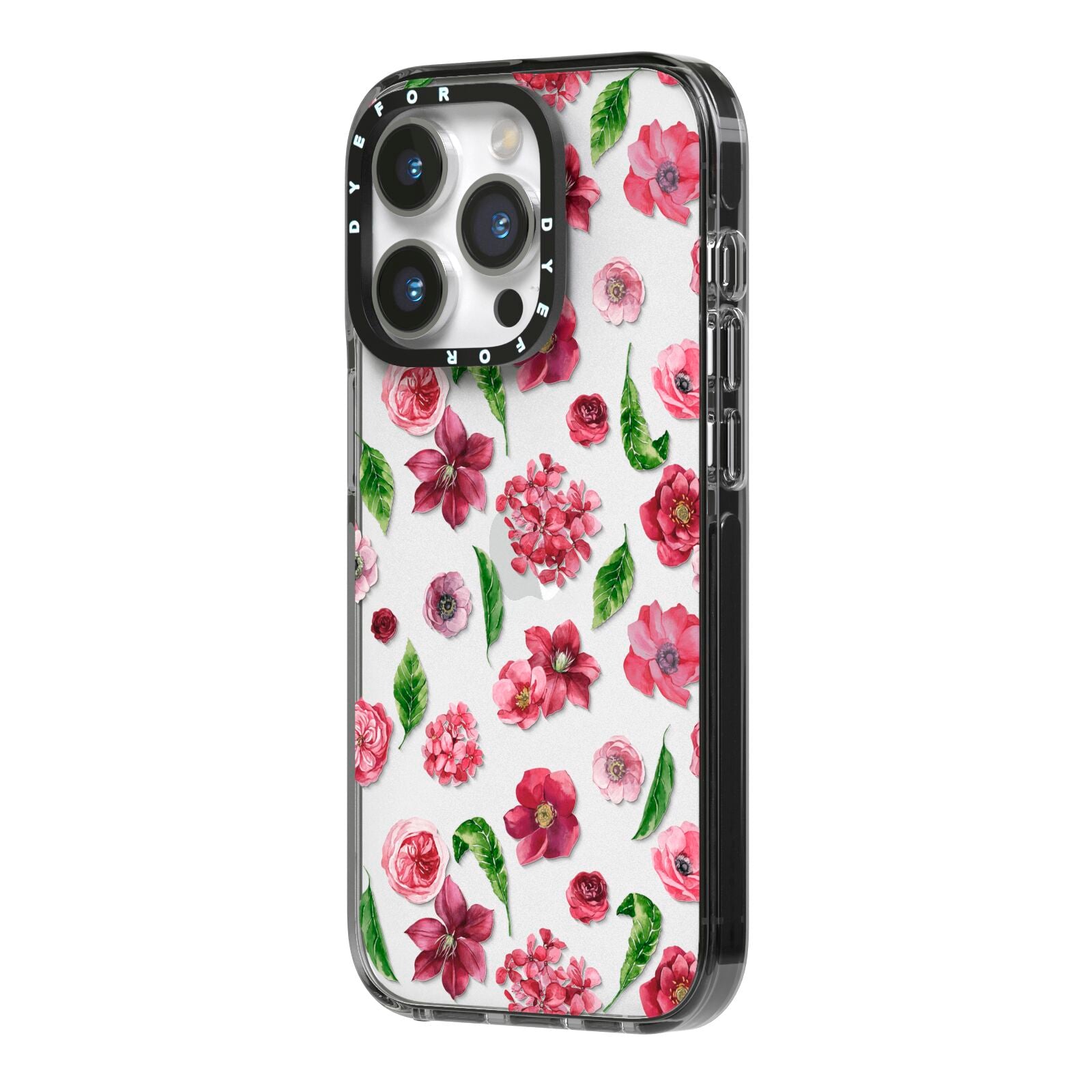 Pink Floral iPhone 14 Pro Black Impact Case Side Angle on Silver phone