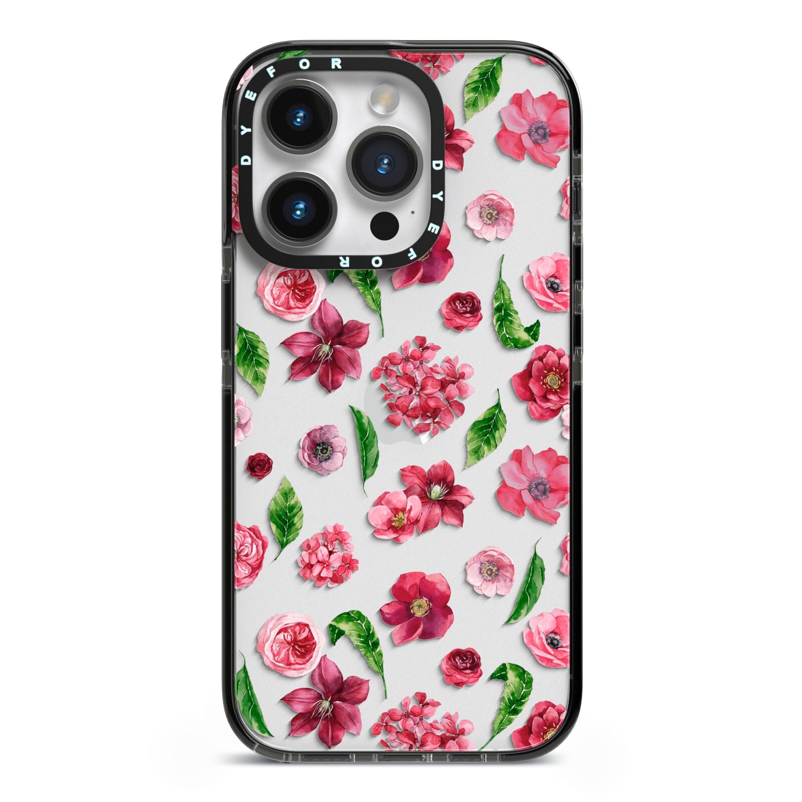 Pink Floral iPhone 14 Pro Black Impact Case on Silver phone