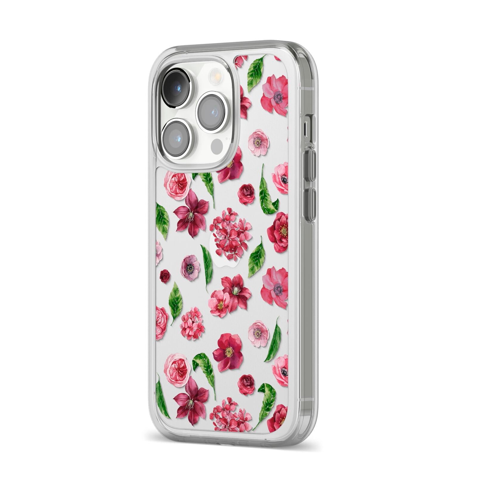 Pink Floral iPhone 14 Pro Clear Tough Case Silver Angled Image