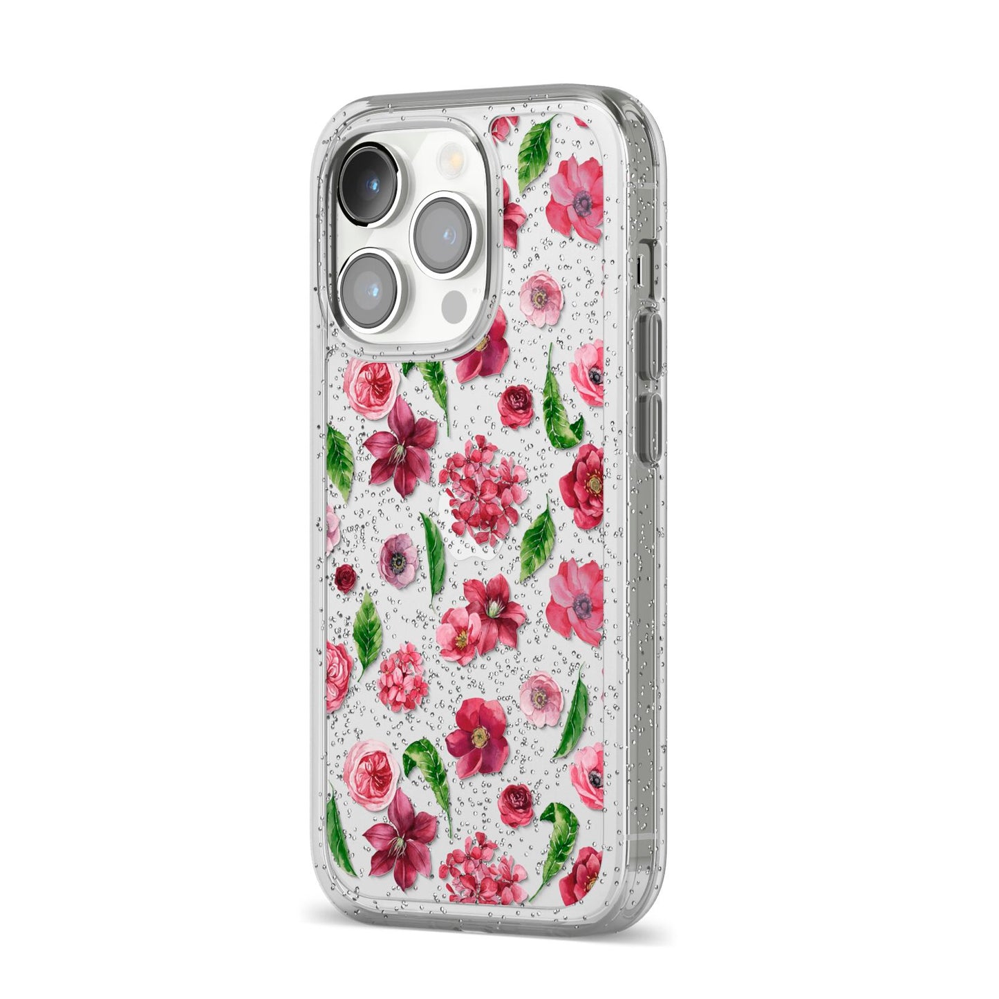 Pink Floral iPhone 14 Pro Glitter Tough Case Silver Angled Image