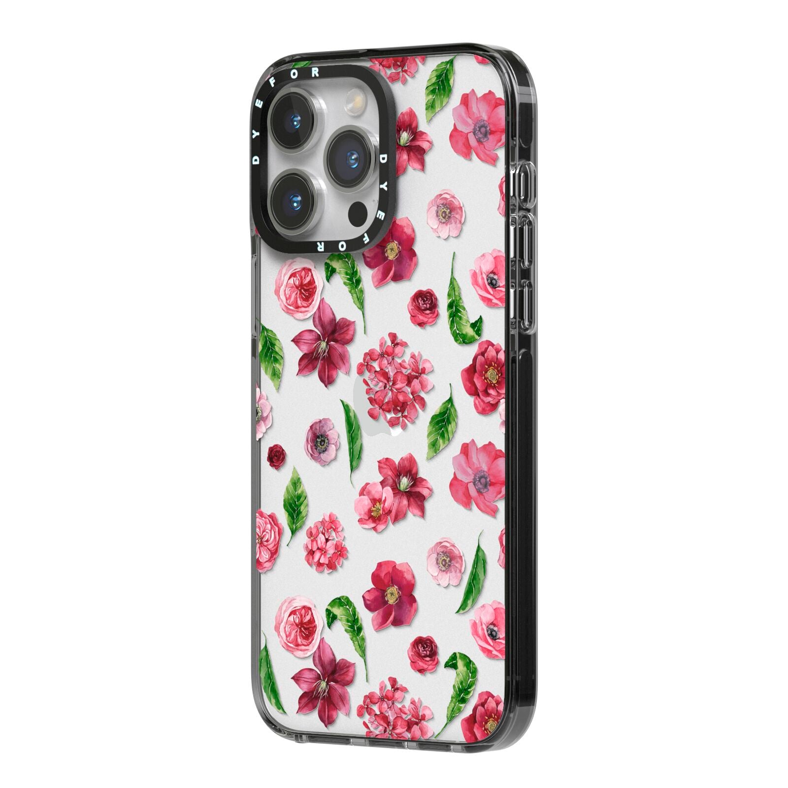 Pink Floral iPhone 14 Pro Max Black Impact Case Side Angle on Silver phone
