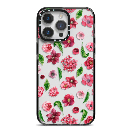 Pink Floral iPhone 14 Pro Max Black Impact Case on Silver phone