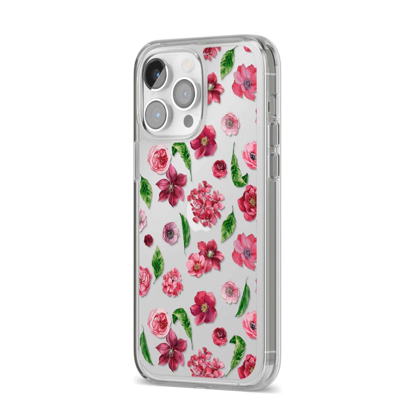 Pink Floral iPhone 14 Pro Max Clear Tough Case Silver Angled Image