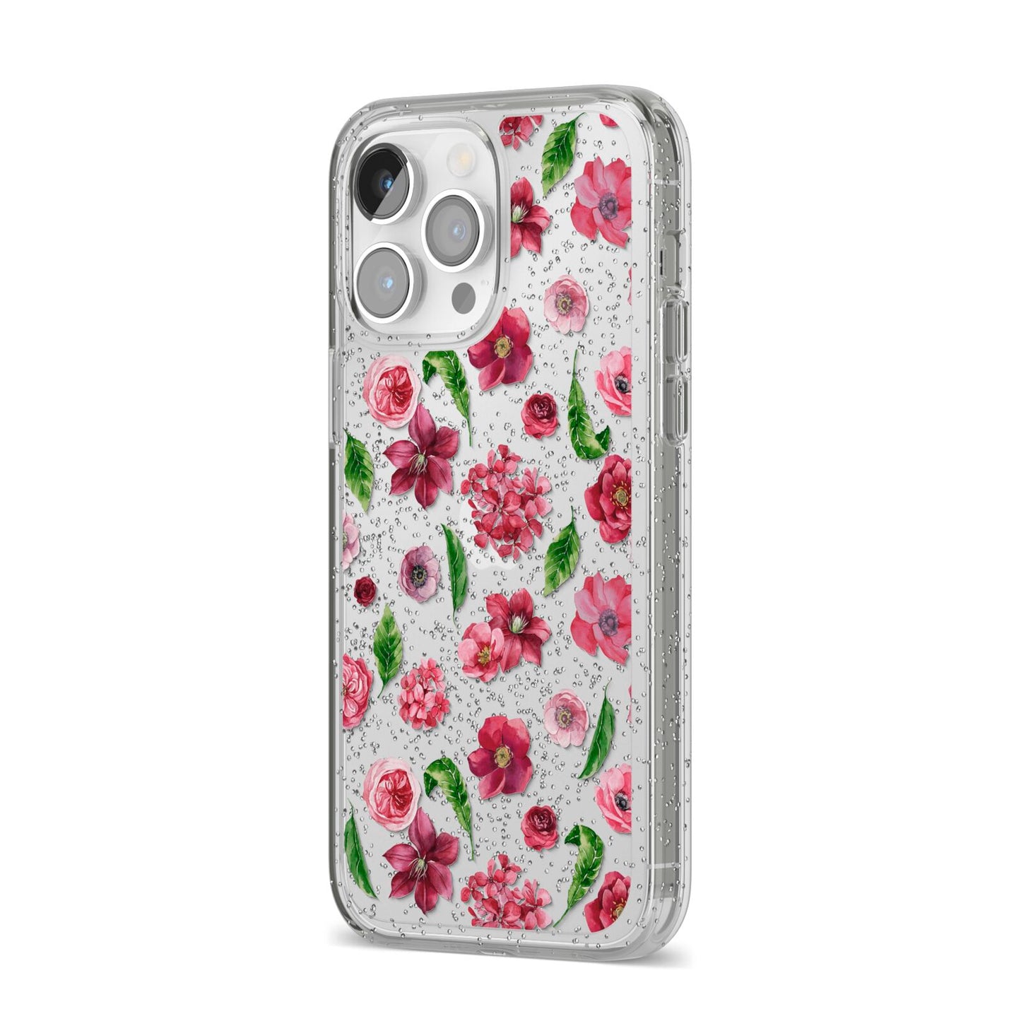 Pink Floral iPhone 14 Pro Max Glitter Tough Case Silver Angled Image