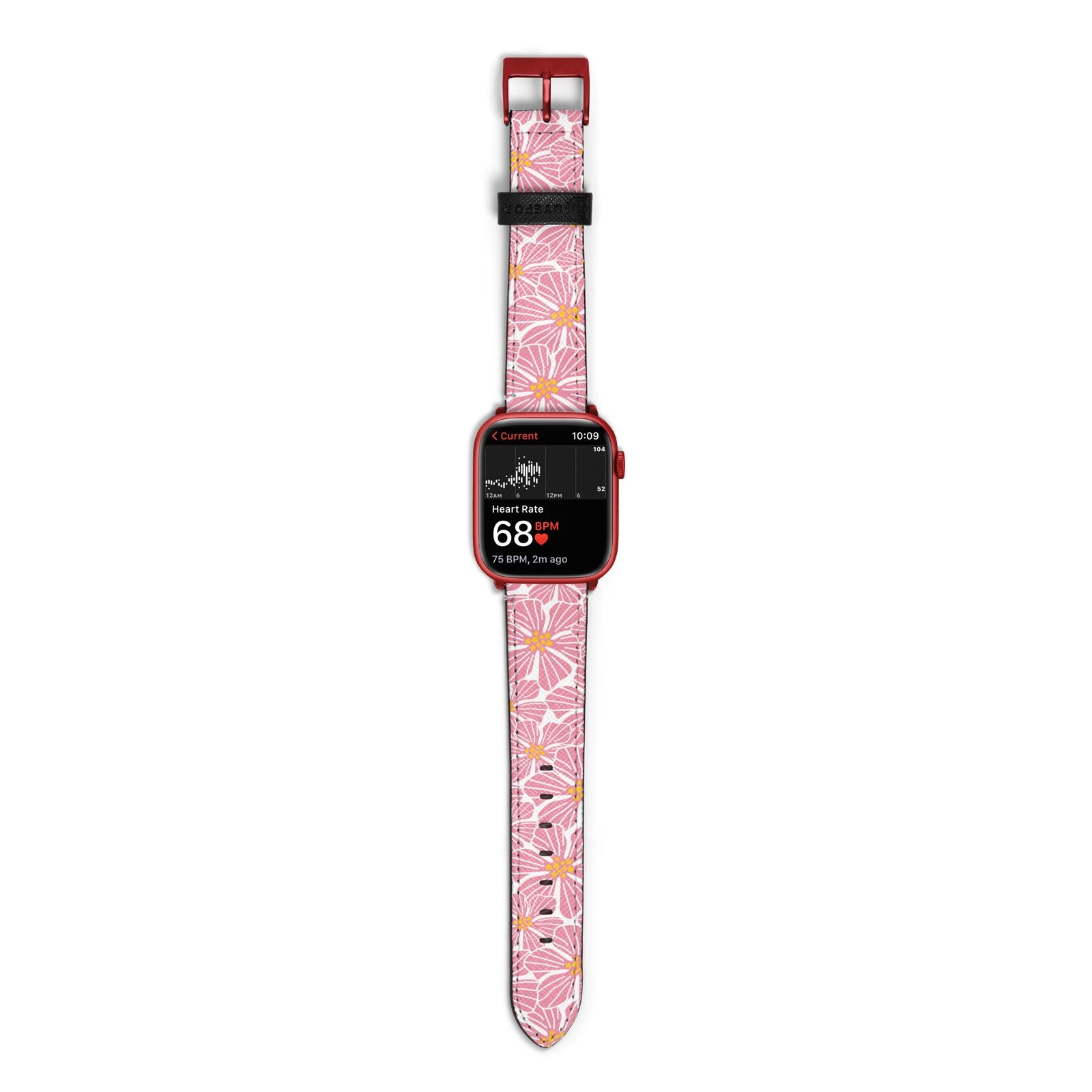 Pink Flowers Apple Watch Strap Size 38mm with Red Hardware