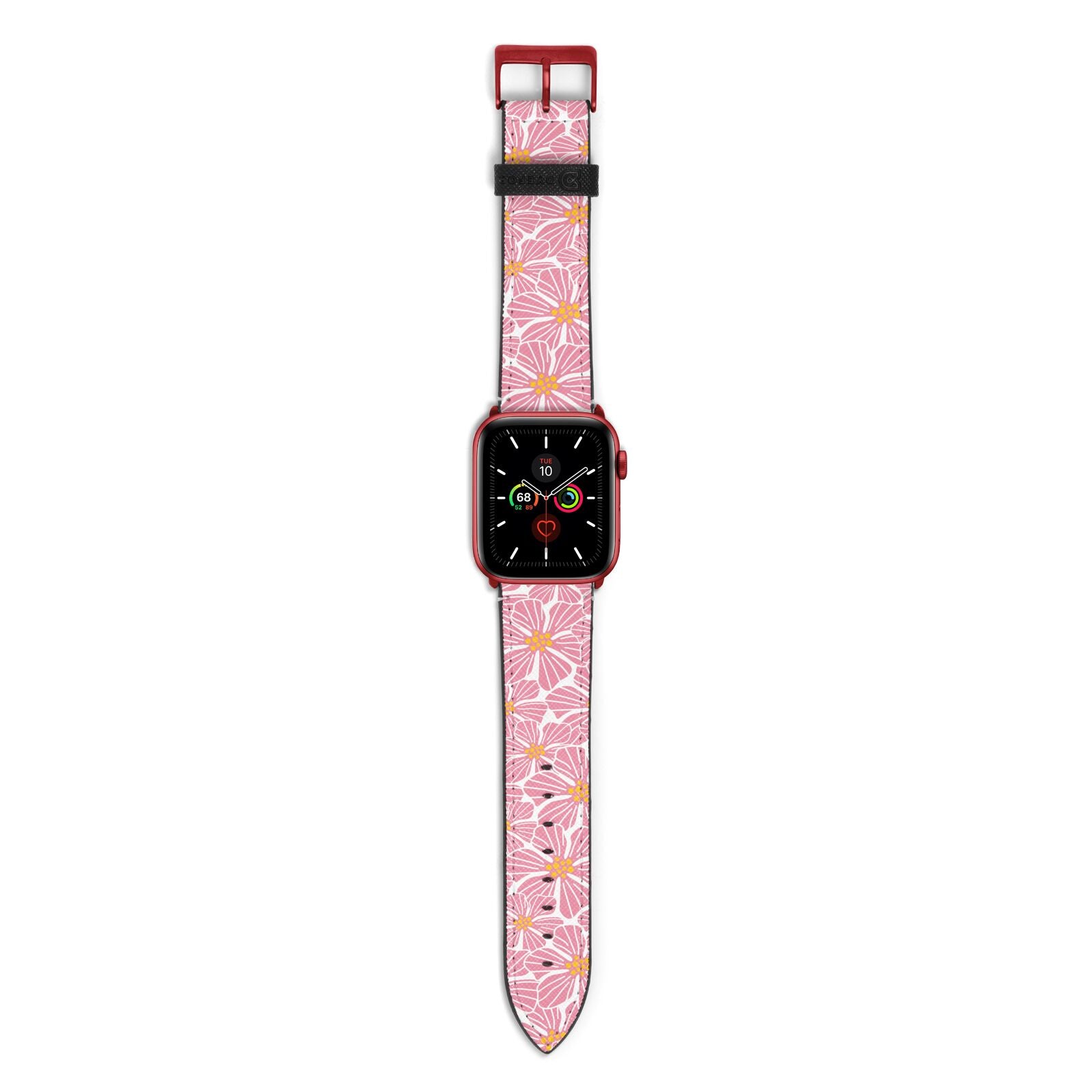 Pink Flowers Apple Watch Strap with Red Hardware