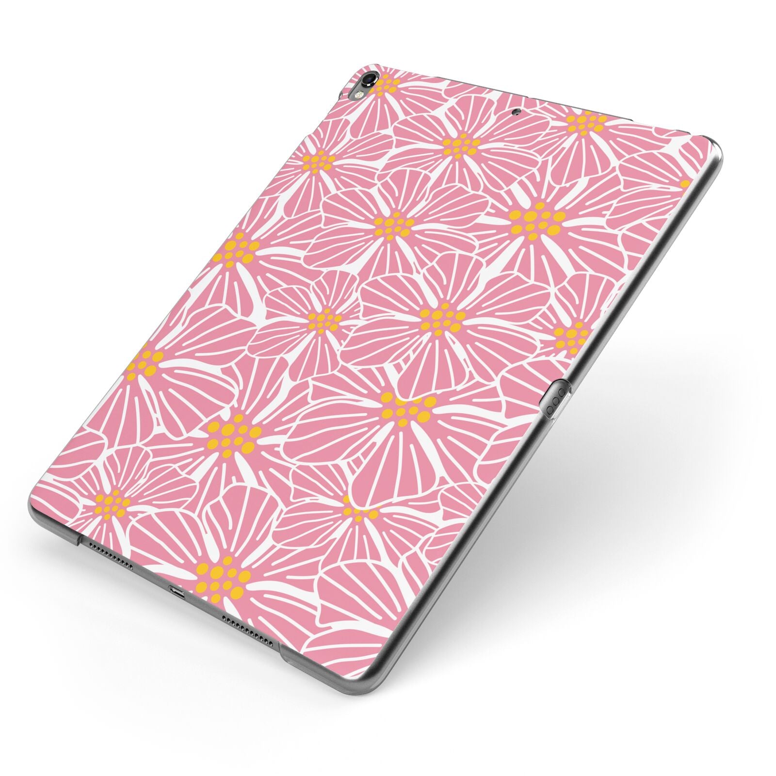 Pink Flowers Apple iPad Case on Grey iPad Side View