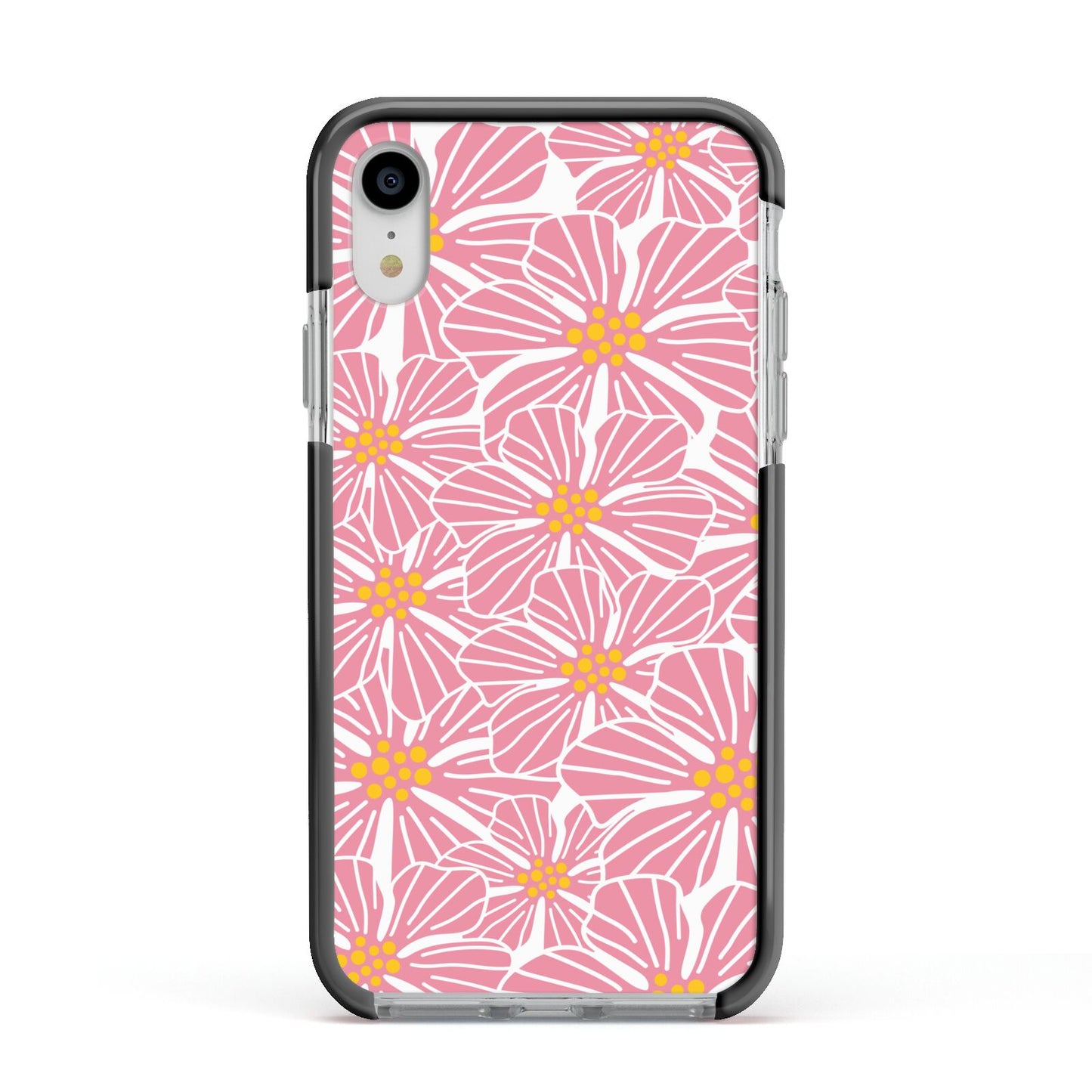 Pink Flowers Apple iPhone XR Impact Case Black Edge on Silver Phone
