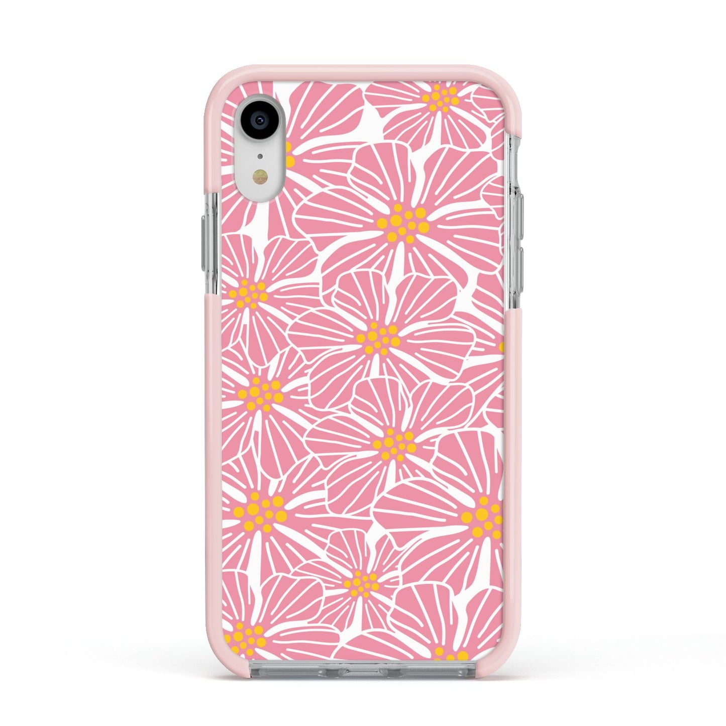 Pink Flowers Apple iPhone XR Impact Case Pink Edge on Silver Phone