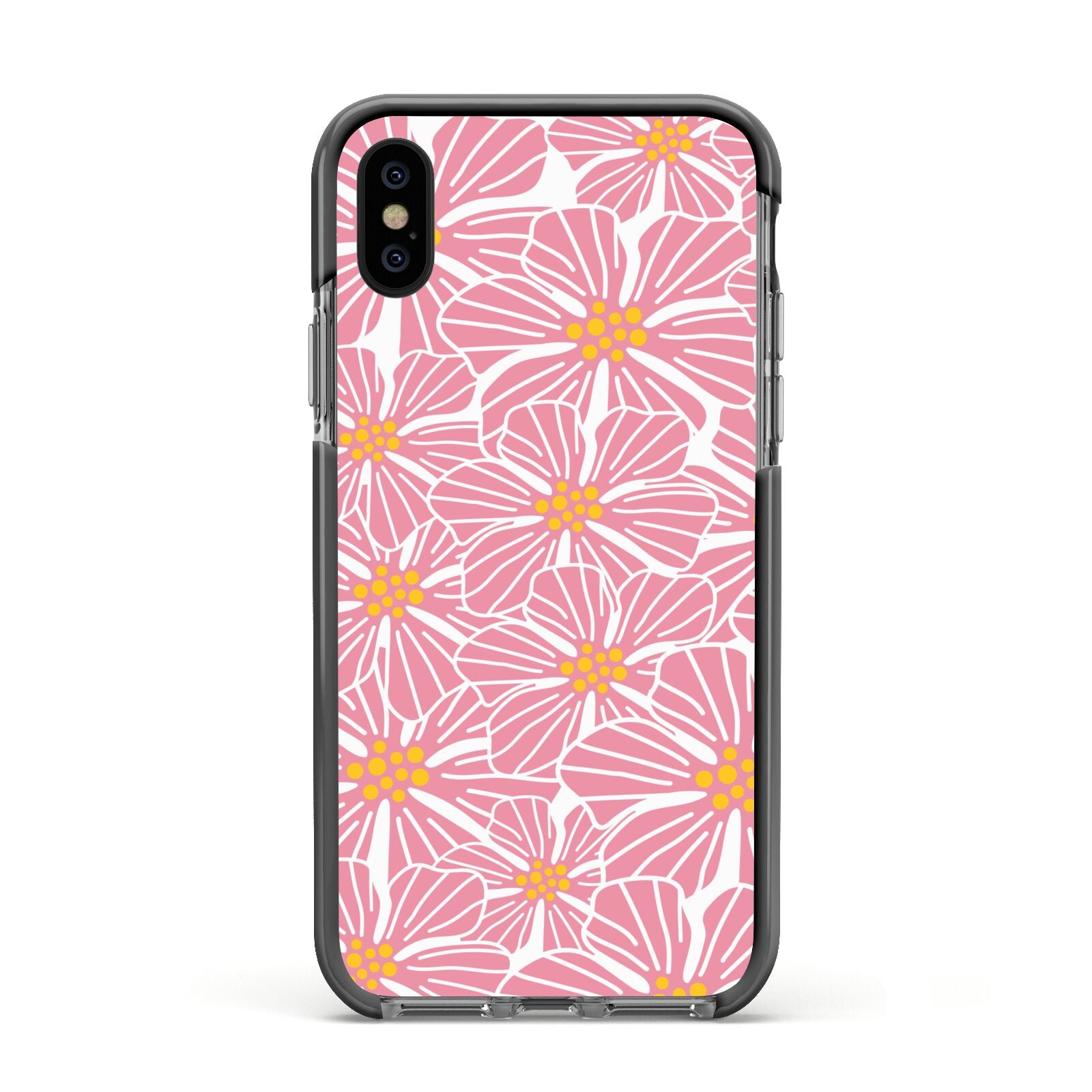 Pink Flowers Apple iPhone Xs Impact Case Black Edge on Black Phone