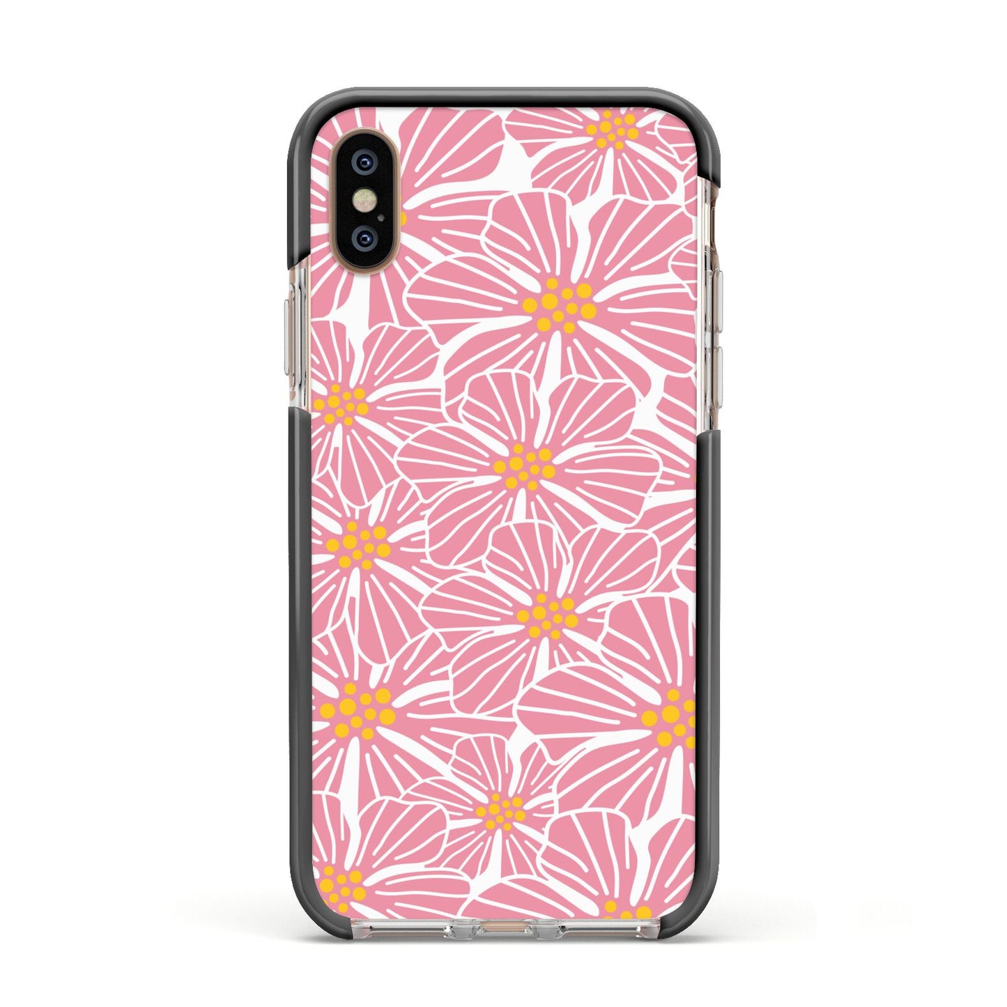 Pink Flowers Apple iPhone Xs Impact Case Black Edge on Gold Phone